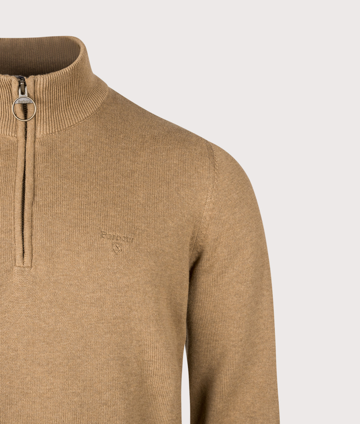 Barbour Lifestyle Regular Fit Quarter Zip Cotton Knitted Jumper in Sandstone at EQVVS Menswear. Detail shot.