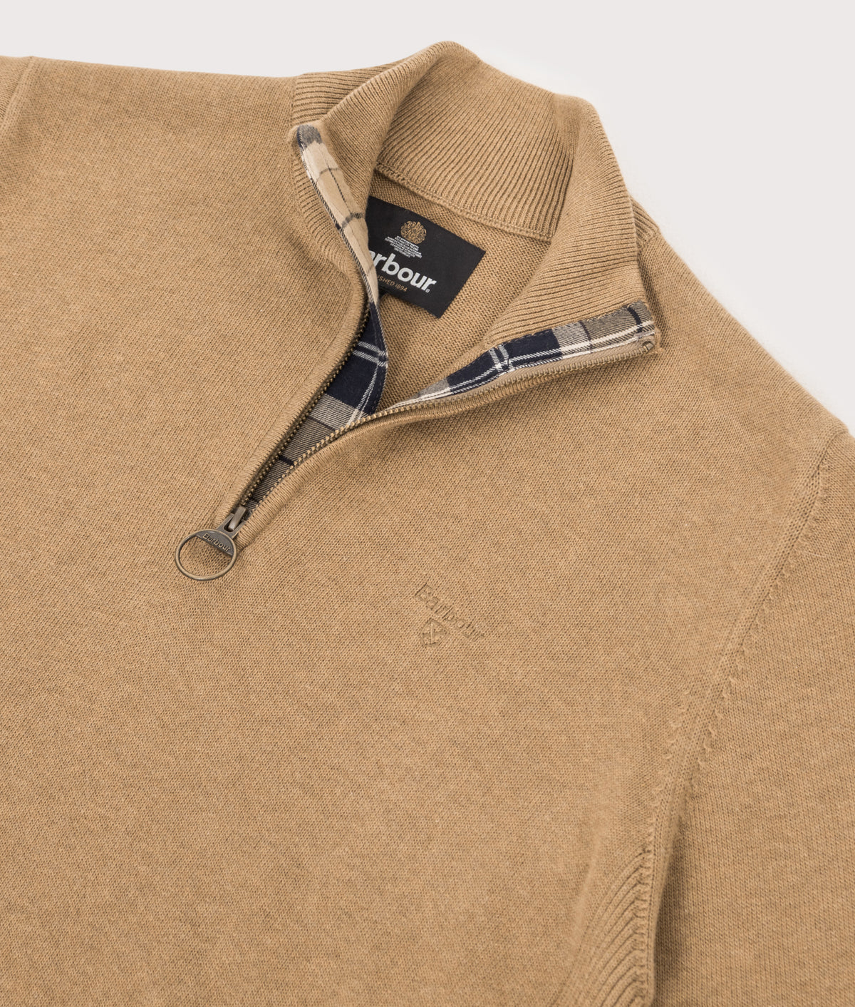 Barbour Lifestyle Regular Fit Quarter Zip Cotton Knitted Jumper in Sandstone at EQVVS Menswear. Detail shot.
