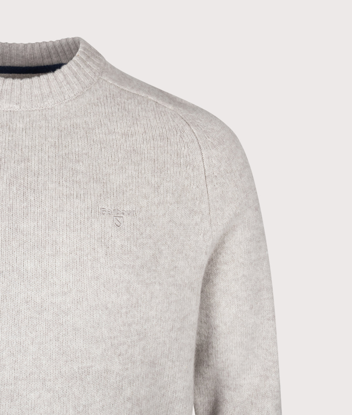 Barbour Lifestyle Newtown Crewneck Jumper in Light Grey at EQVVS Menswear. Detail shot.