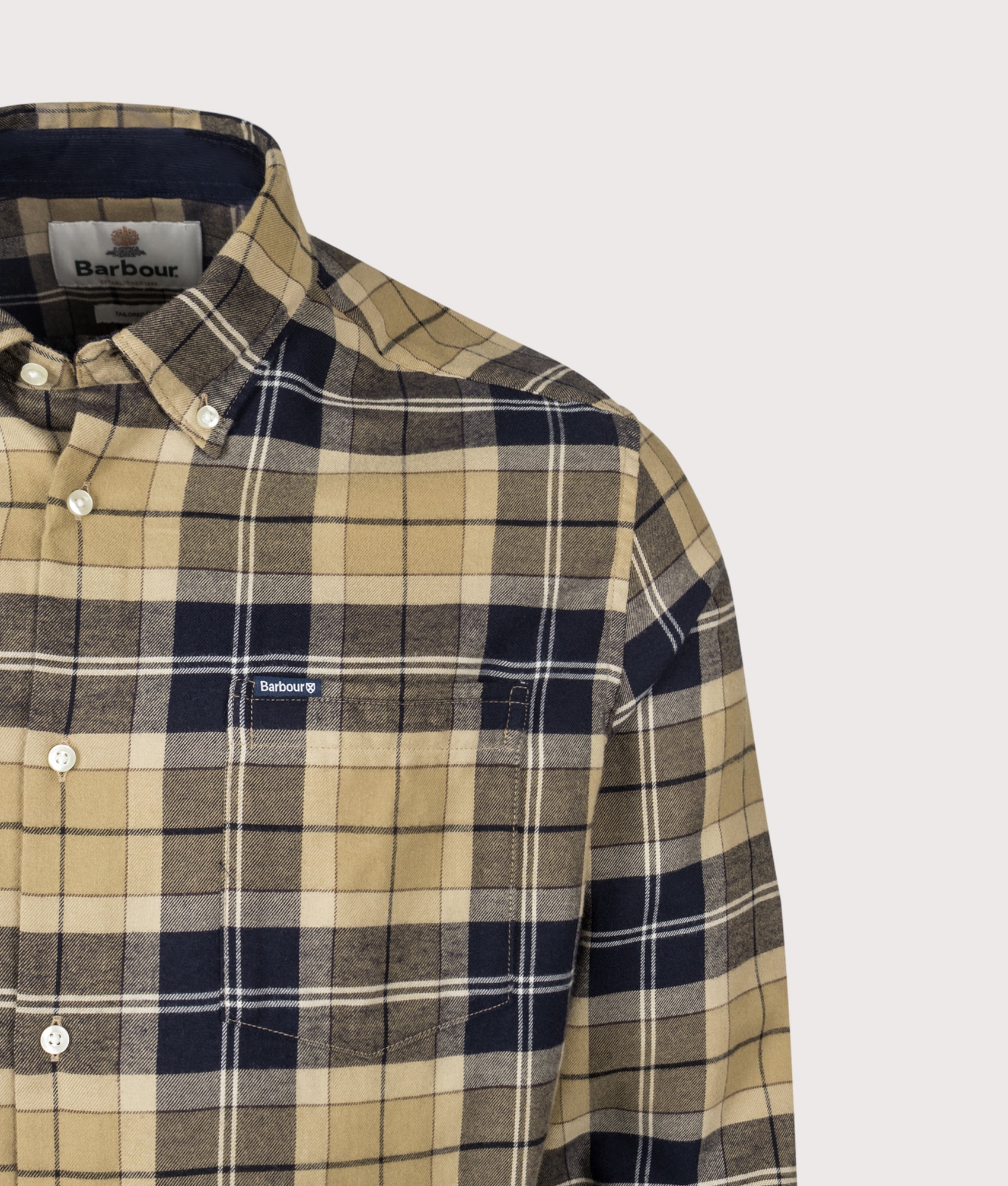 Barbour Lifestyle Fortrose Tailored Tartan Shirt in Birchwood Dress Tartan at EQVVS Menswear. Detail shot.