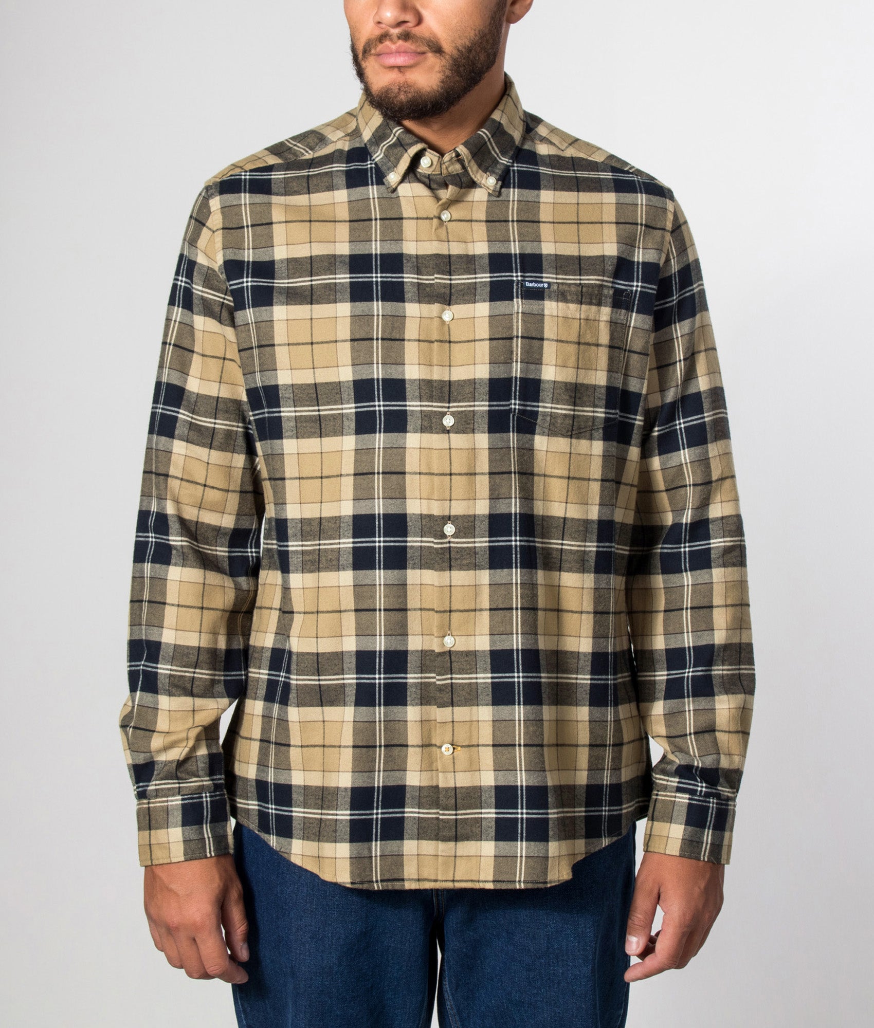 Barbour Lifestyle Fortrose Tailored Tartan Shirt in Birchwood Dress Tartan at EQVVS Menswear. Model front shot.