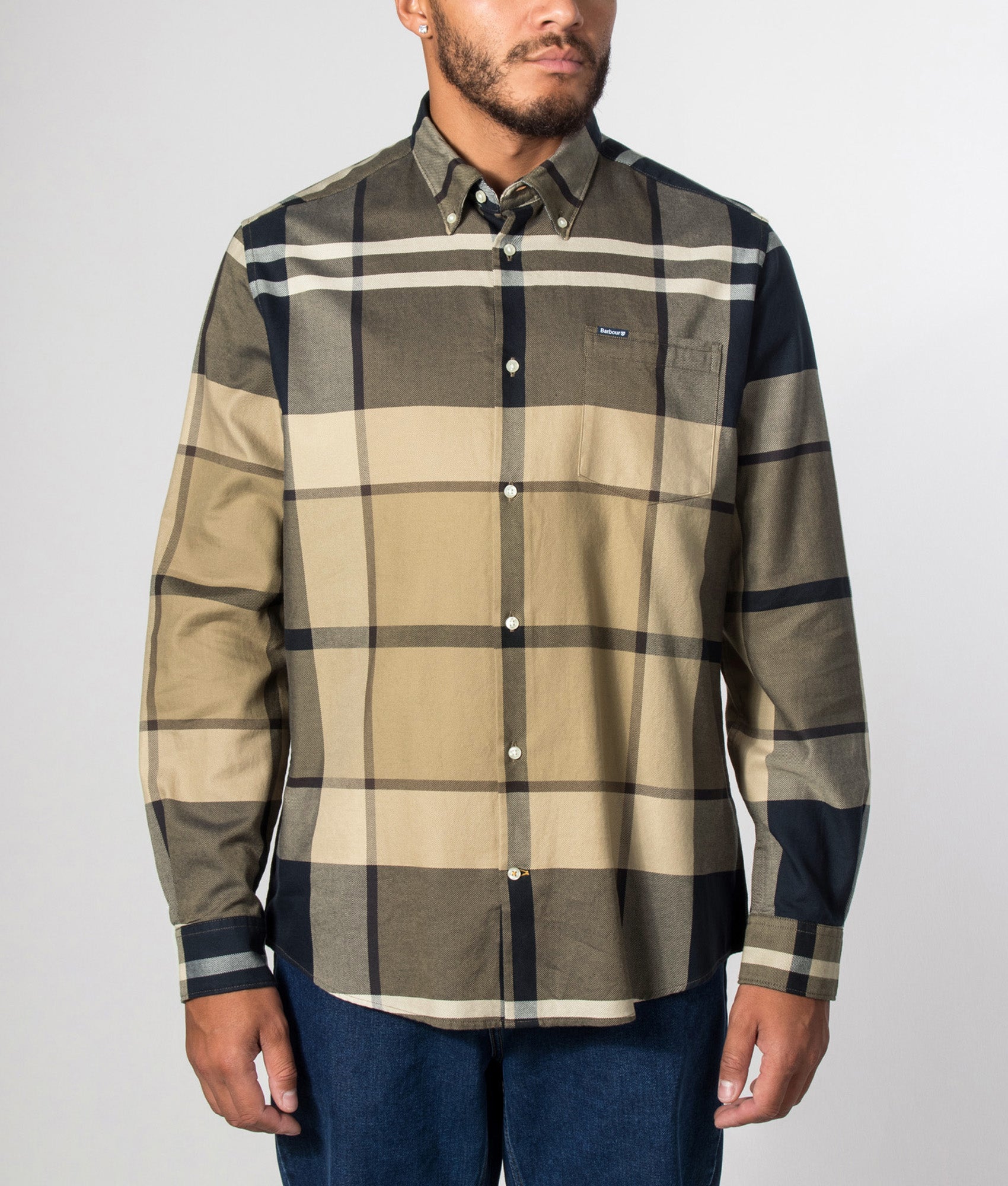Barbour Lifestyle Dunoon Tailored Tartan Shirt in Birchwood Dress Tartan at EQVVS Menswear. Model front shot.