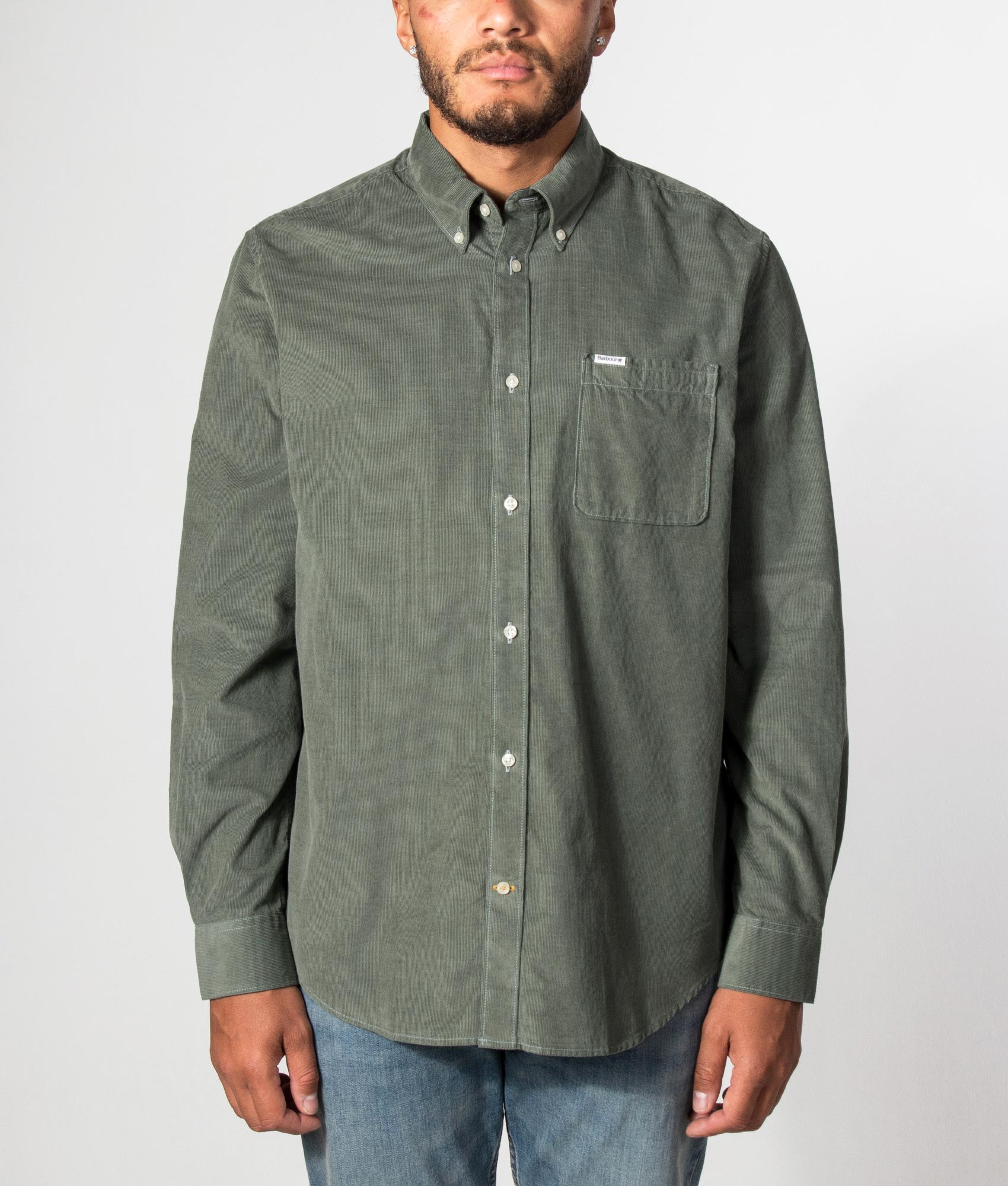 Barbour Lifestyle Ramsey Tailored Shirt in Agave Green at EQVVS Menswear. Model front shot.