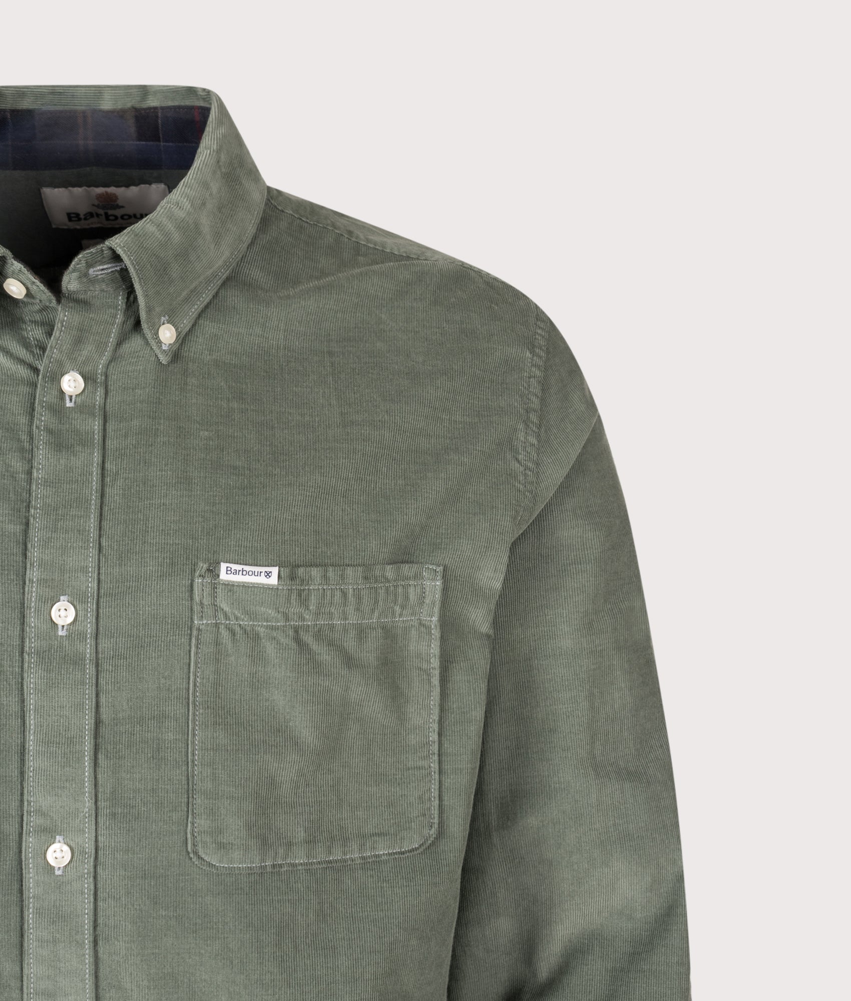 Barbour Lifestyle Ramsey Tailored Shirt in Agave Green at EQVVS Menswear. Detail shot.
