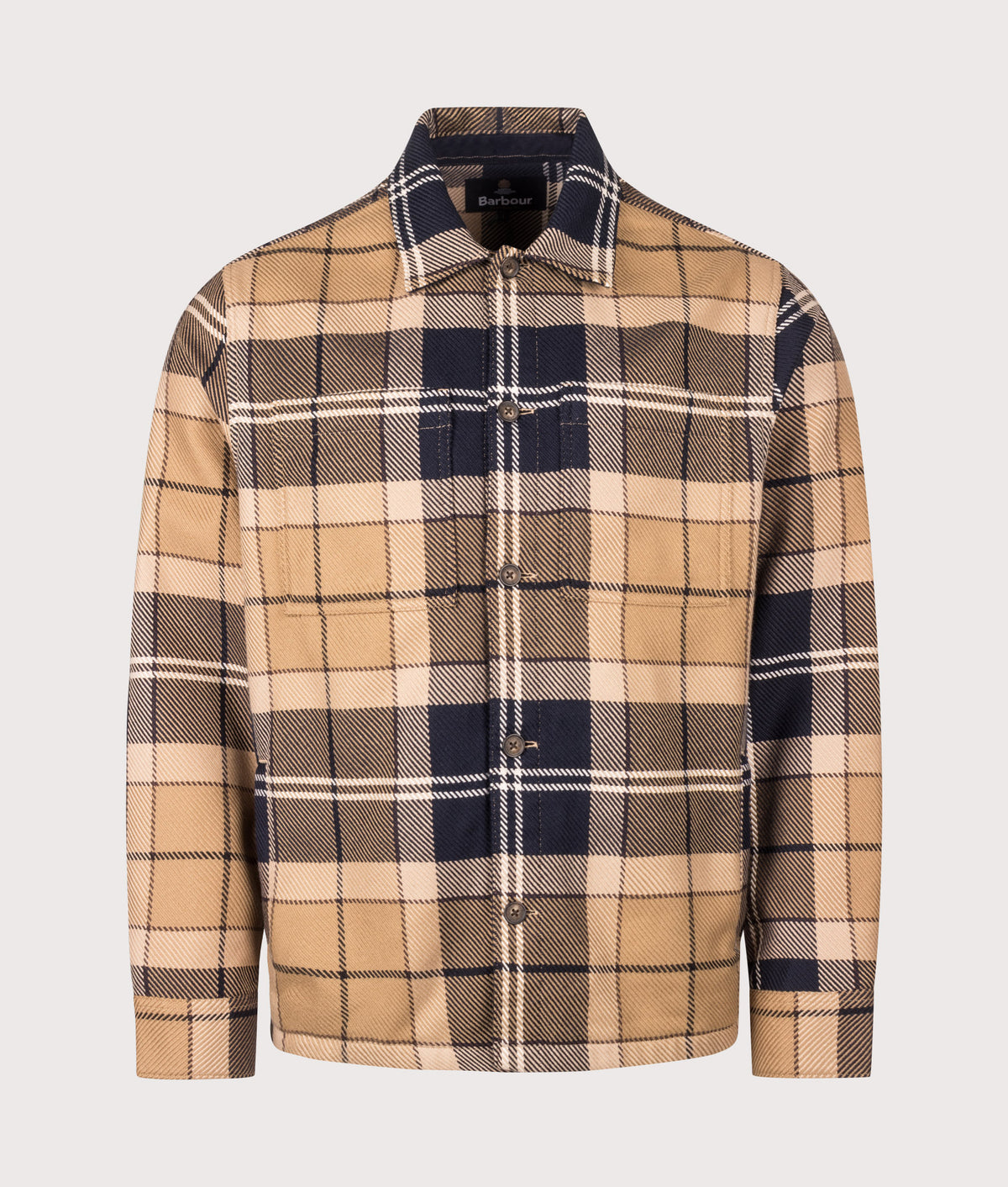 Barbour Lifestyle Regular Fit Oversized Tartan Overshirt in Birchwood Dress Tartan at EQVVS Menswear. Front shot.