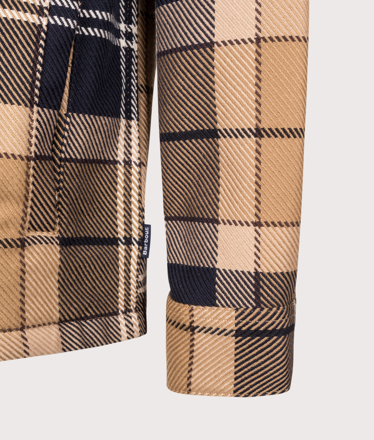 Barbour Lifestyle Regular Fit Oversized Tartan Overshirt in Birchwood Dress Tartan at EQVVS Menswear. Detail shot.