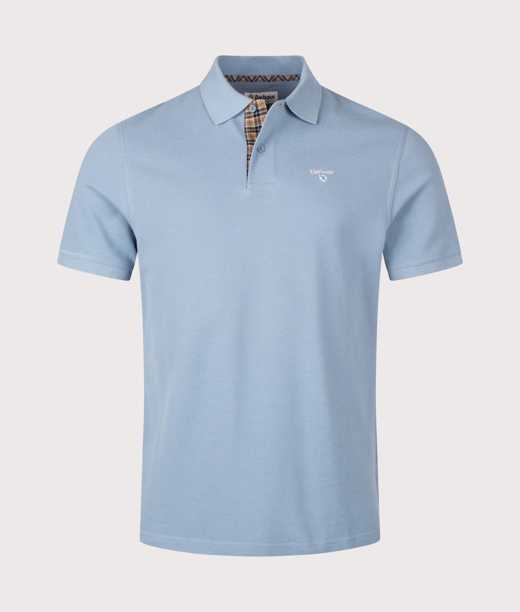 Barbour Tartan Pique Polo Shirt in Tarn Blue at EQVVS Menswear. Front shot.