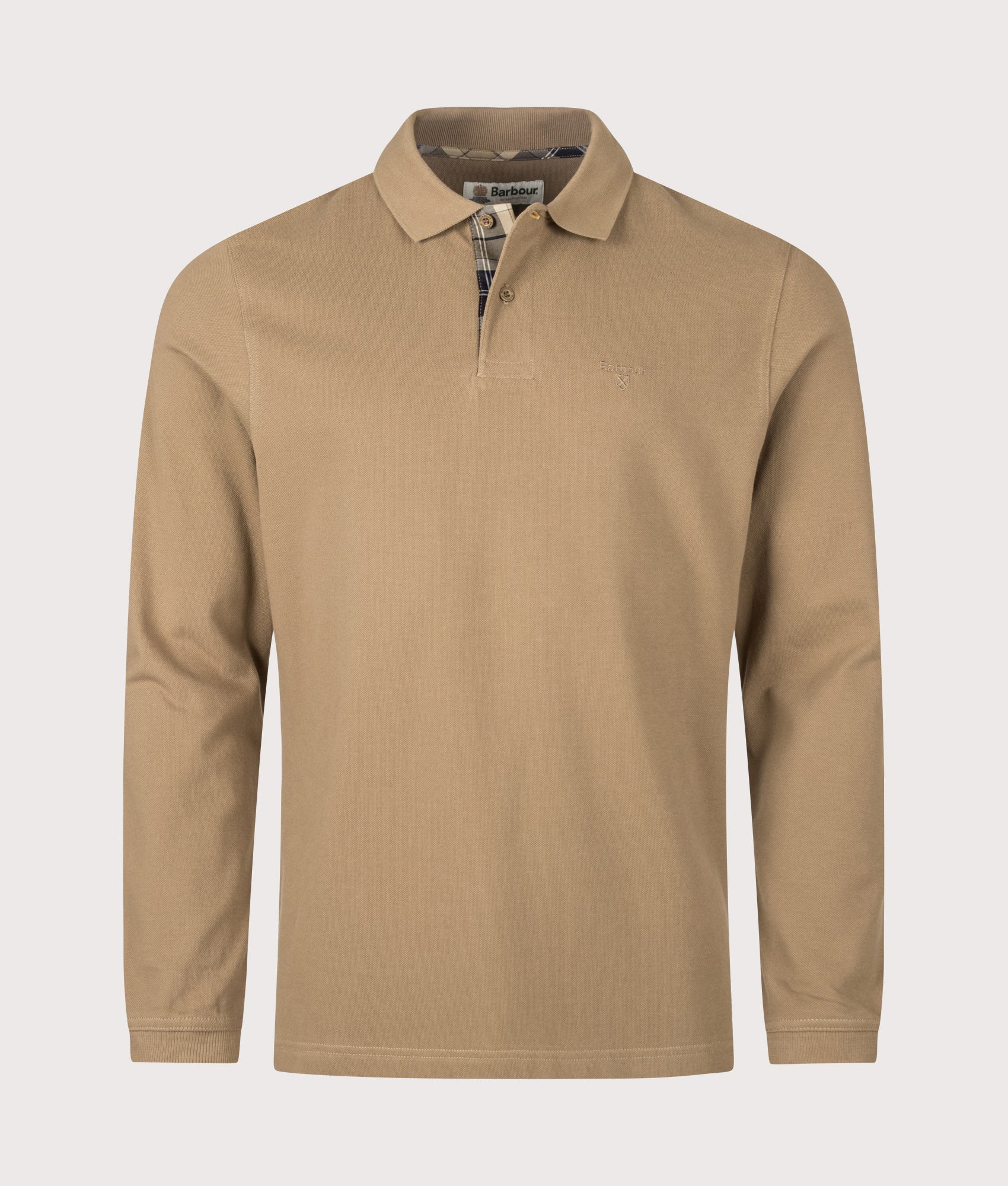 Barbour Lifestyle Regular Fit Essential Long Sleeve Tartan Piqué Polo Shirt in Sandstone at EQVVS Menswear. Front shot.