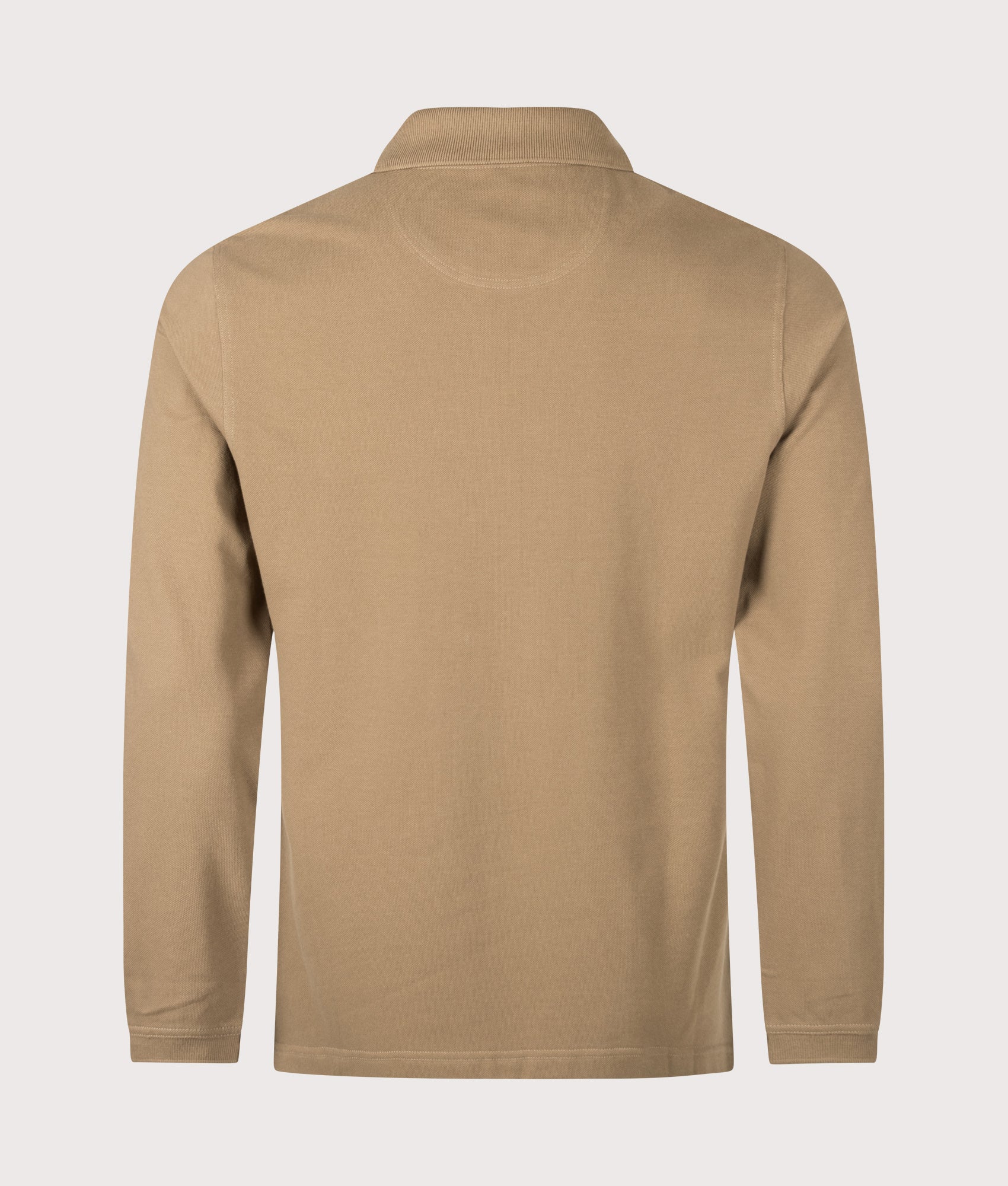 Barbour Lifestyle Regular Fit Essential Long Sleeve Tartan Piqué Polo Shirt in Sandstone at EQVVS Menswear. Back shot.