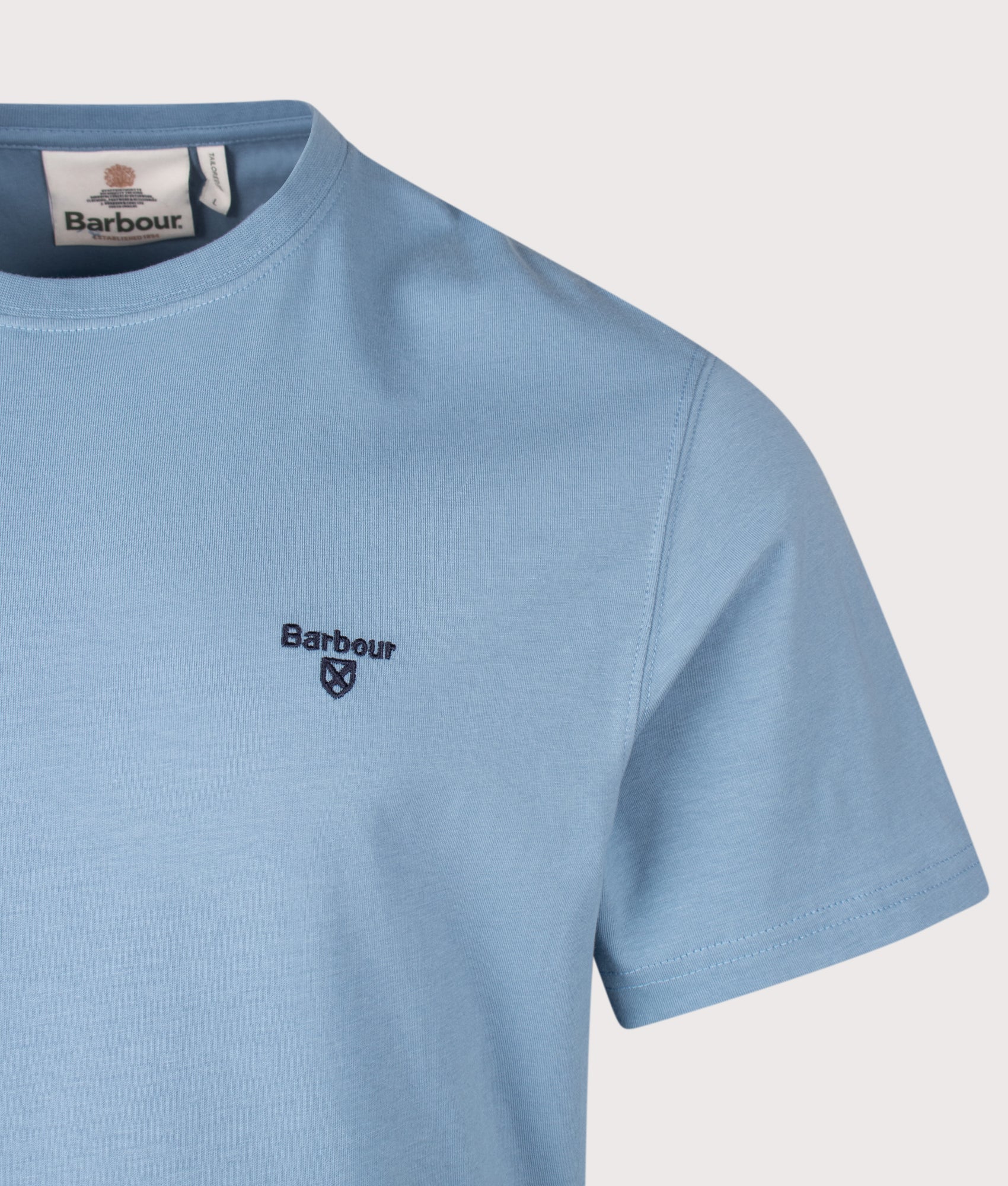 Barbour Lifestyle Regular Fit Essential Sports T-Shirt in Tarn Blue at EQVVS Menswear. Detail shot.