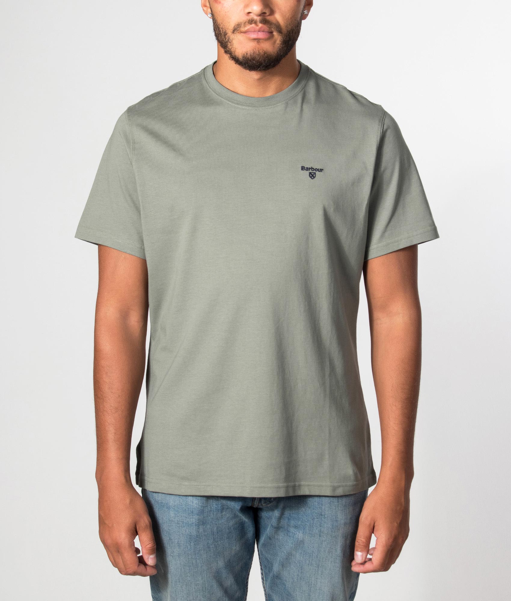 Barbour Lifestyle Regular Fit Essential Sports T-Shirt in Agave Green at EQVVS Menswear. Model front shot.