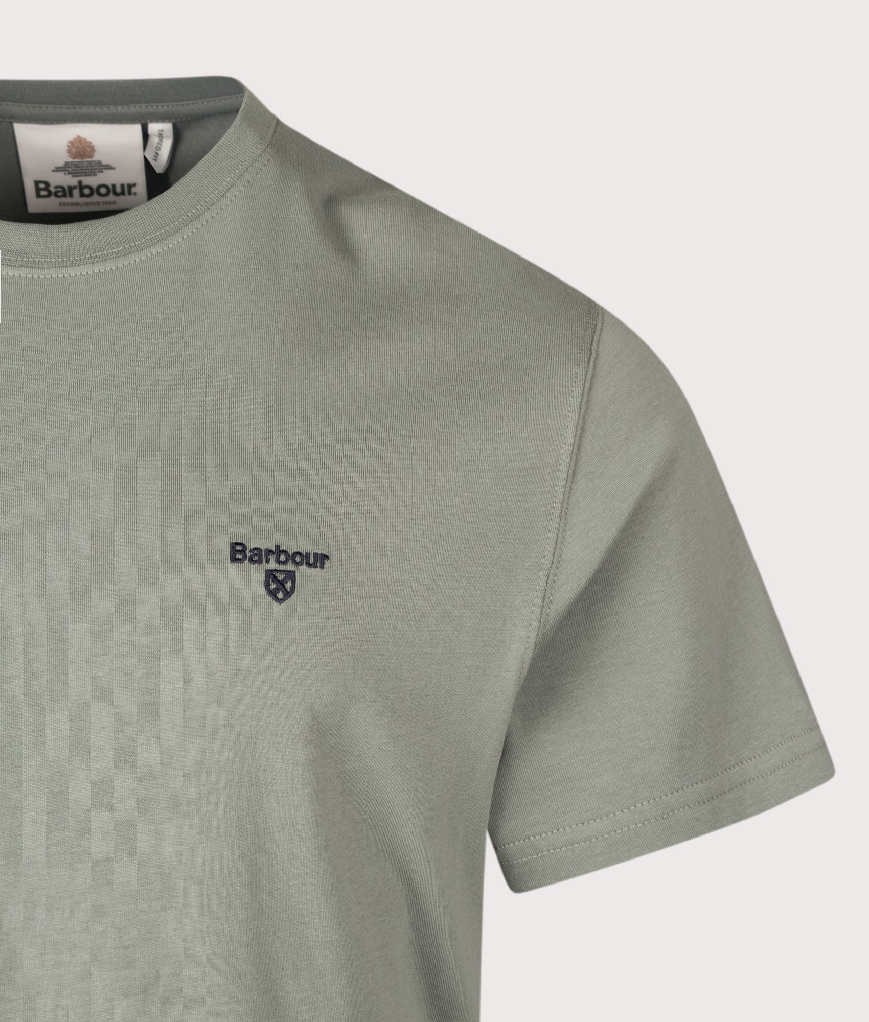 Barbour Lifestyle Regular Fit Essential Sports T-Shirt in Agave Green at EQVVS Menswear. Detail shot.