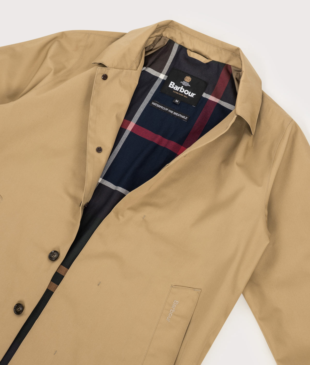 Barbour Lifestyle Lorden Waterproof Mac in Trench at EQVVS Menswear. Detail shot.