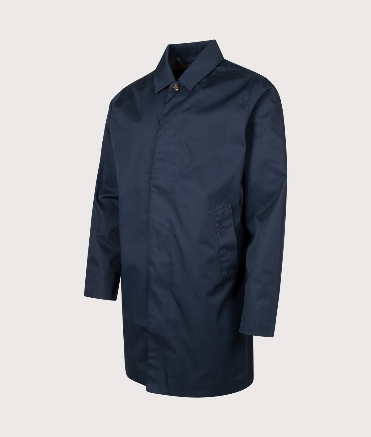 Barbour Lifestyle Lorden Waterproof Mac in Navy at EQVVS Menswear. Angled front shot.