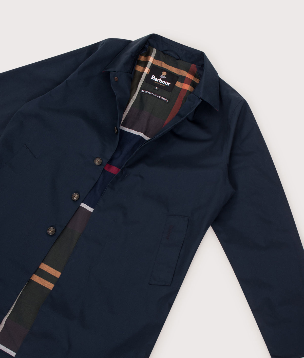 Barbour Lifestyle Lorden Waterproof Mac in Navy at EQVVS Menswear. Detail shot.