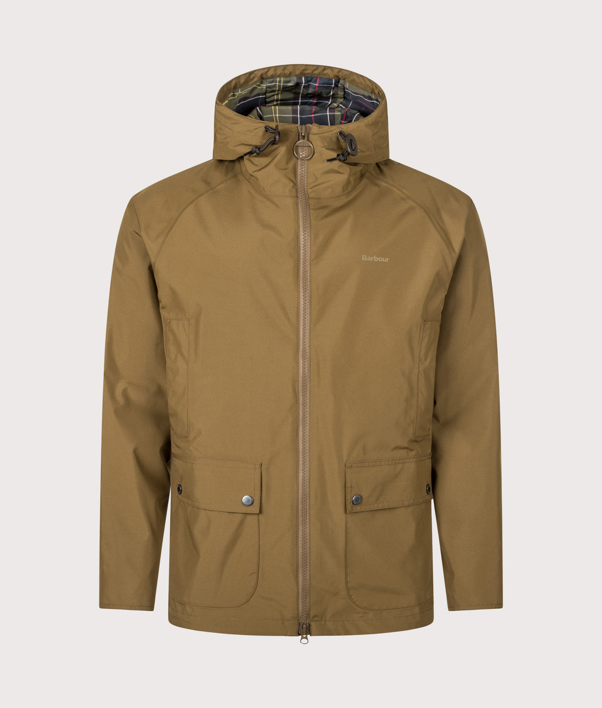 Barbour Lifestyle Hooded Domus Waterproof Jacket in Dark Sand at EQVVS Menswear. Front shot.