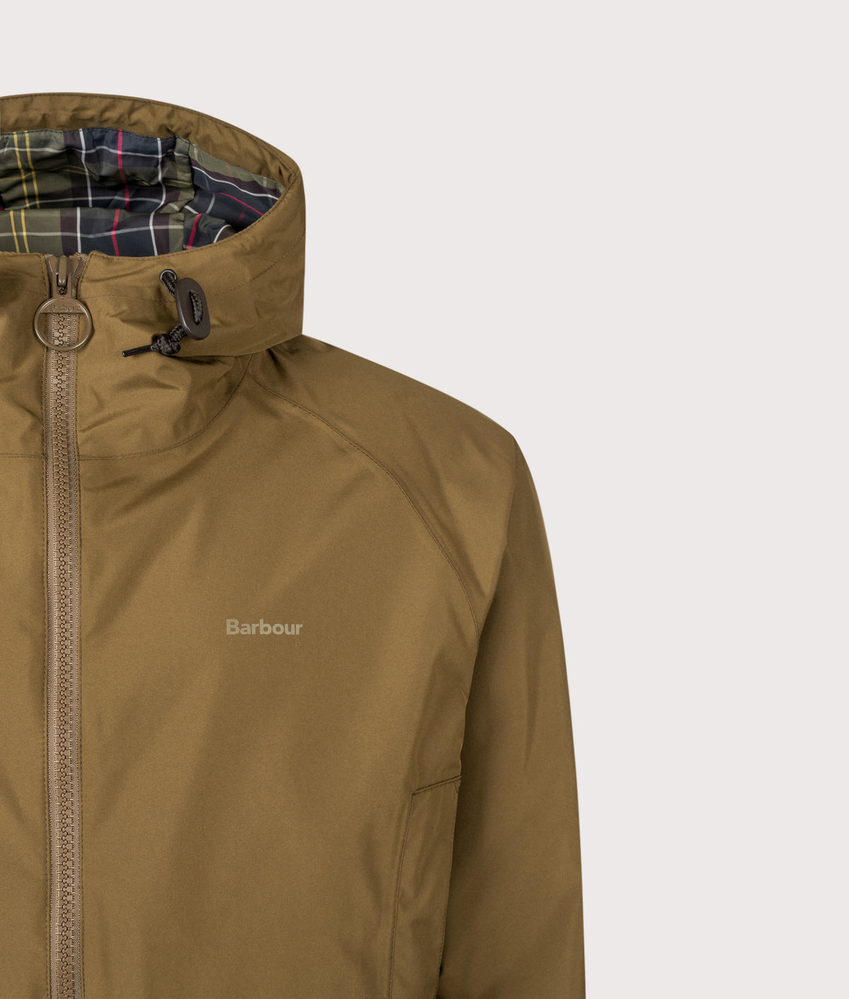 Barbour Lifestyle Hooded Domus Waterproof Jacket in Dark Sand at EQVVS Menswear. Detail shot.