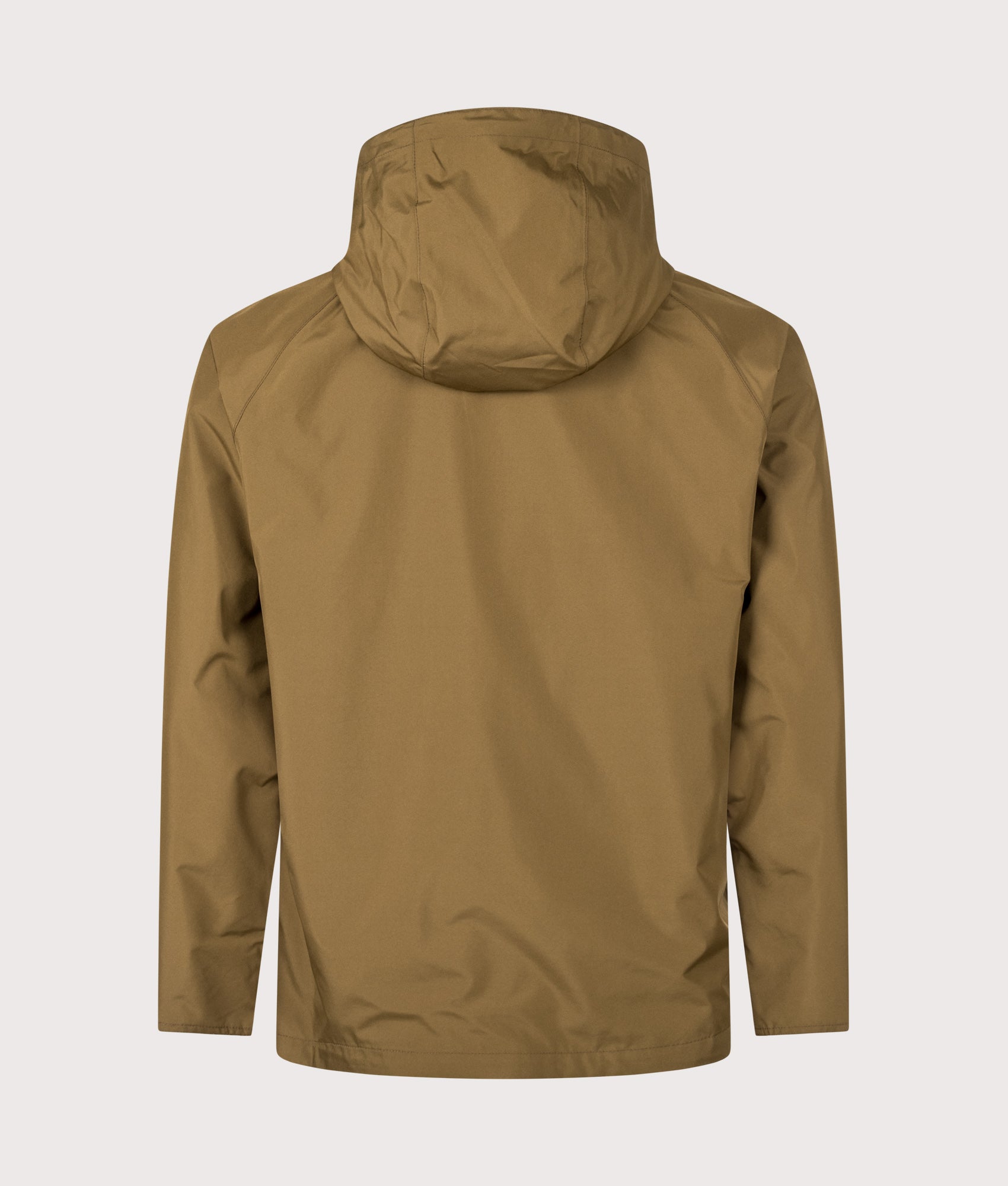 Barbour Lifestyle Hooded Domus Waterproof Jacket in Dark Sand at EQVVS Menswear. Back shot.