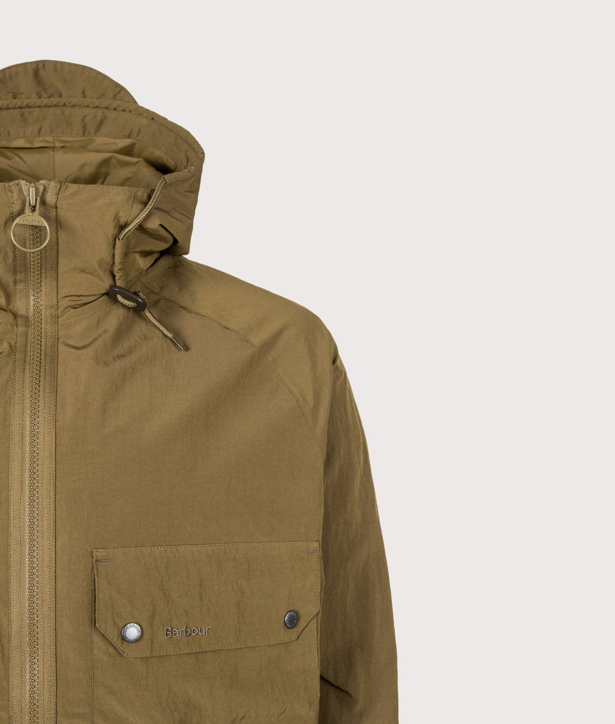 Barbour Lifestyle Re-Engineered Trows Showerproof Jacket in Beech at EQVVS Menswear. Detail shot.