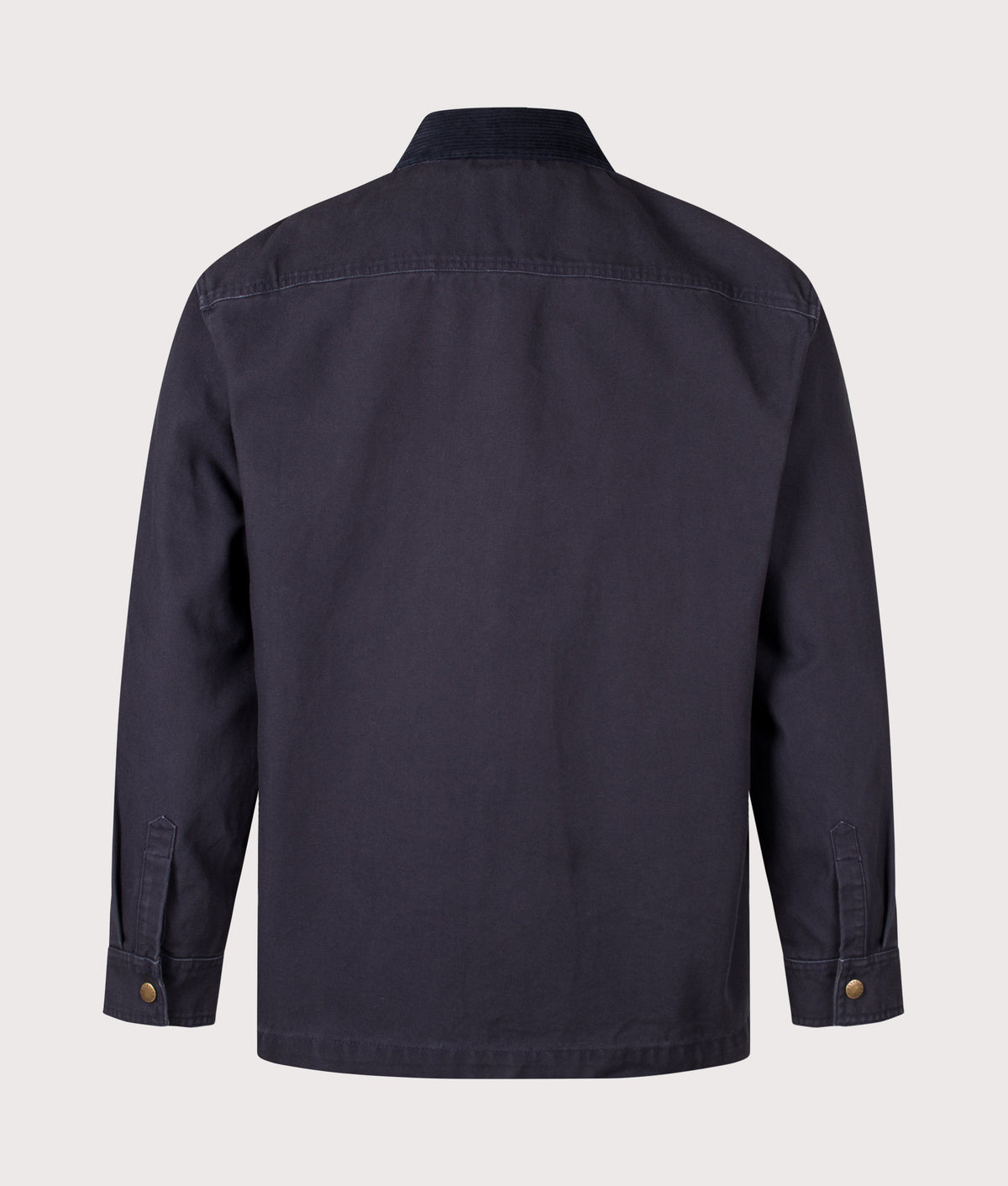 Barbour Heritage+ release the Relaxed Fit Ursula Canvas Overshirt in Dark Navy at EQVVS Menswear.  Back shot.