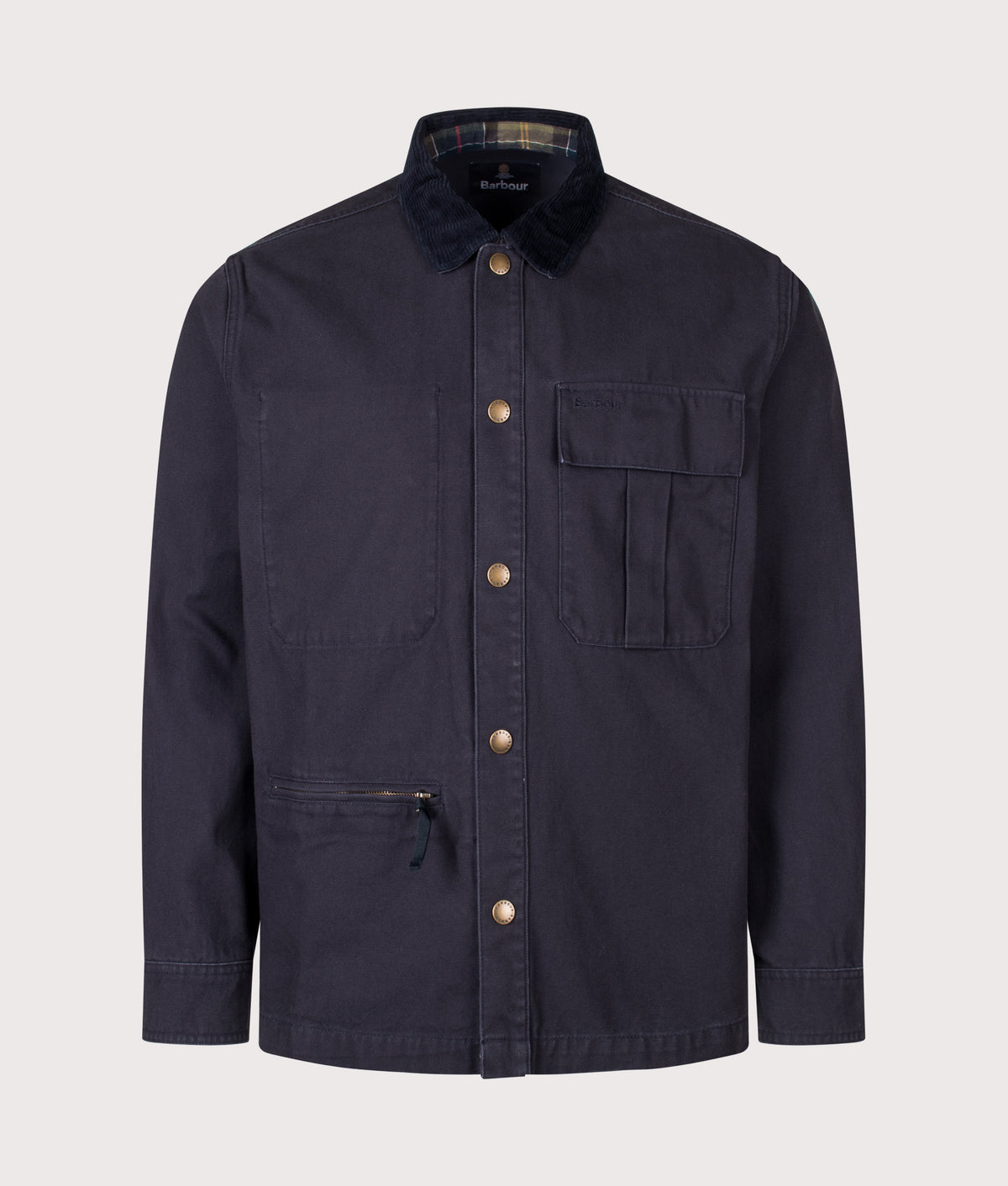 Barbour Heritage+ release the Relaxed Fit Ursula Canvas Overshirt in Dark Navy at EQVVS Menswear. Front shot.