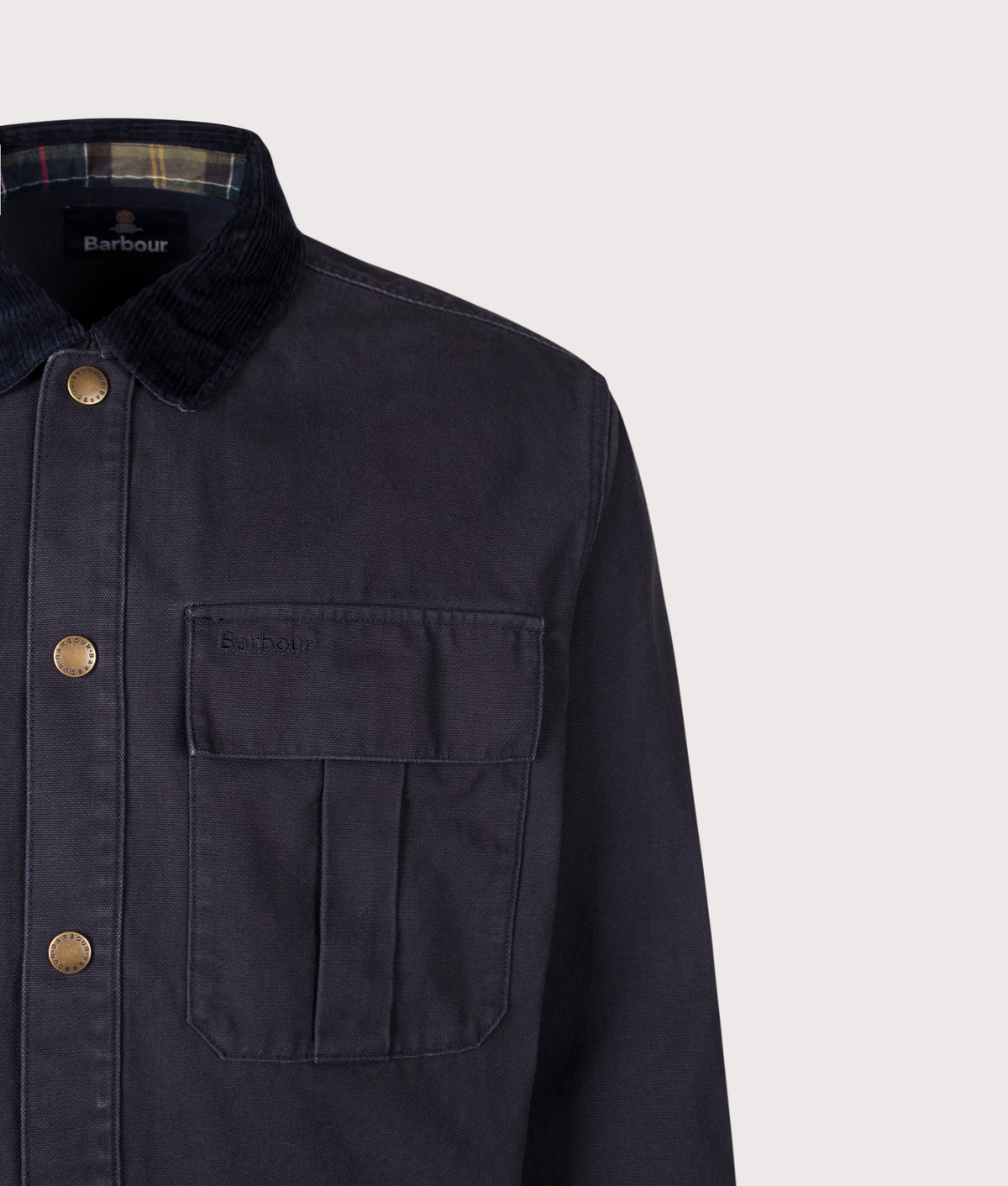 Barbour Heritage+ release the Relaxed Fit Ursula Canvas Overshirt in Dark Navy at EQVVS Menswear. Detail shot.
