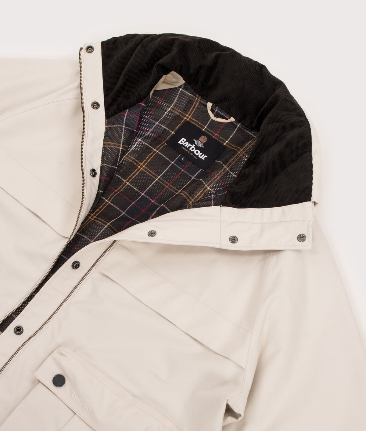 Barbour Heritage+ Ursula Wading Waterproof Jacket in Fog at EQVVS Menswear. Lining shot.