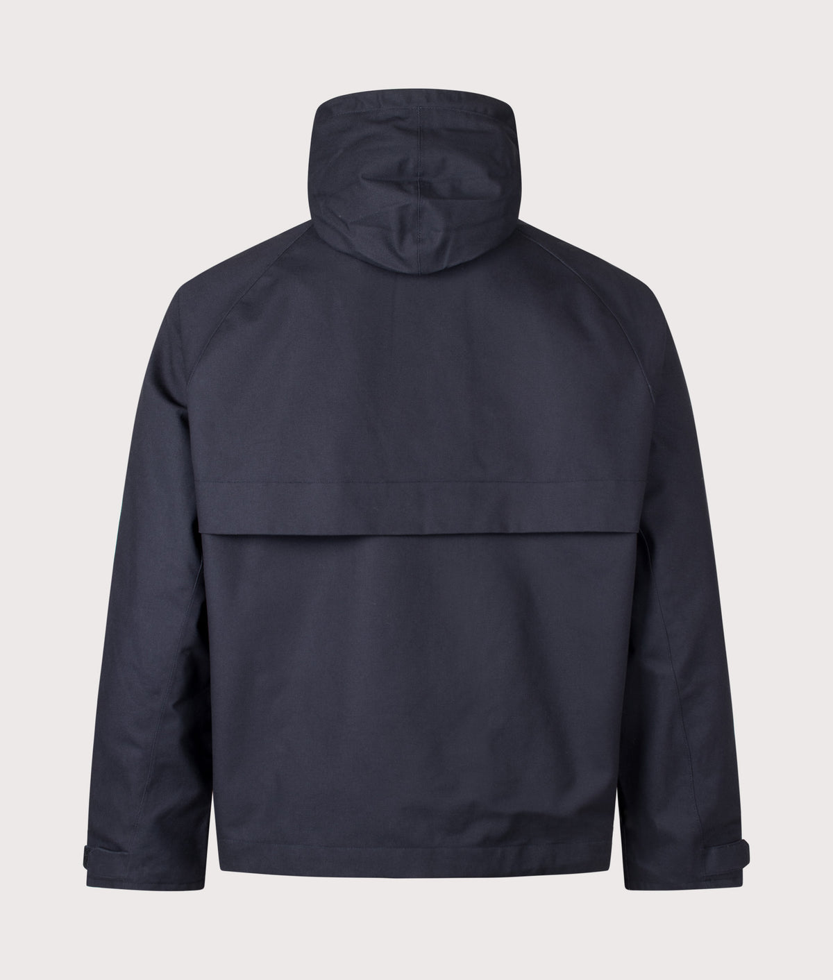 Barbour Heritage+ Ursula Wading Waterproof Jacket in Navy at EQVVS Menswear. Back hood shot.