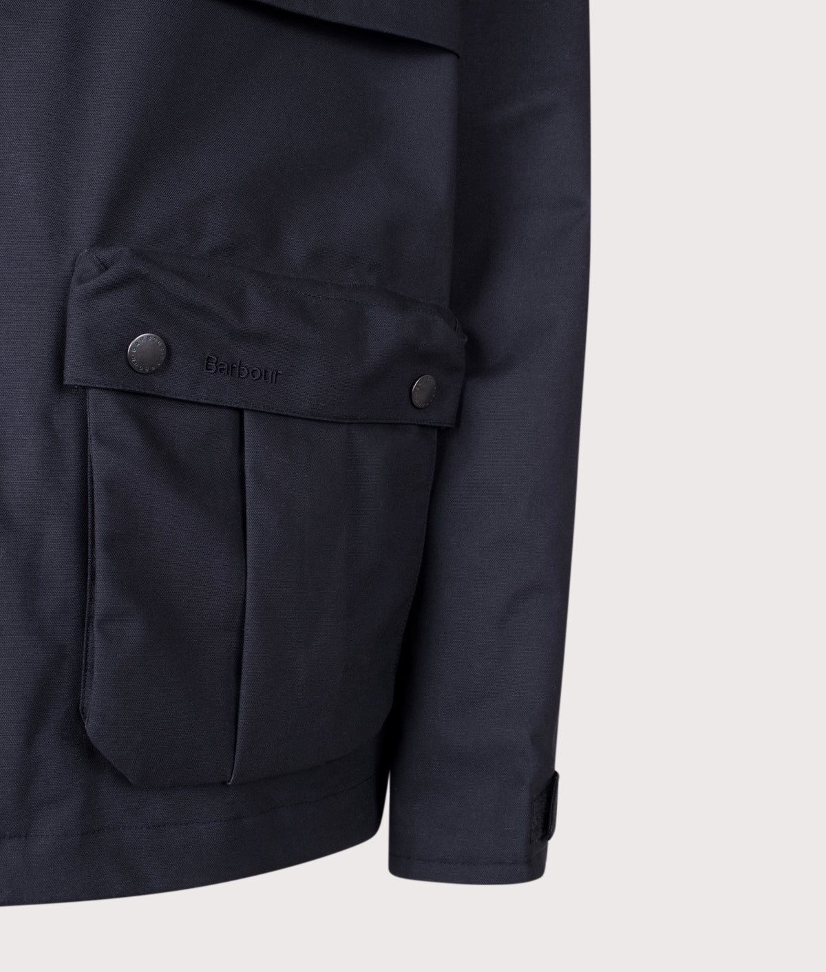 Barbour Heritage+ Ursula Wading Waterproof Jacket in Navy at EQVVS Menswear. Detail shot.