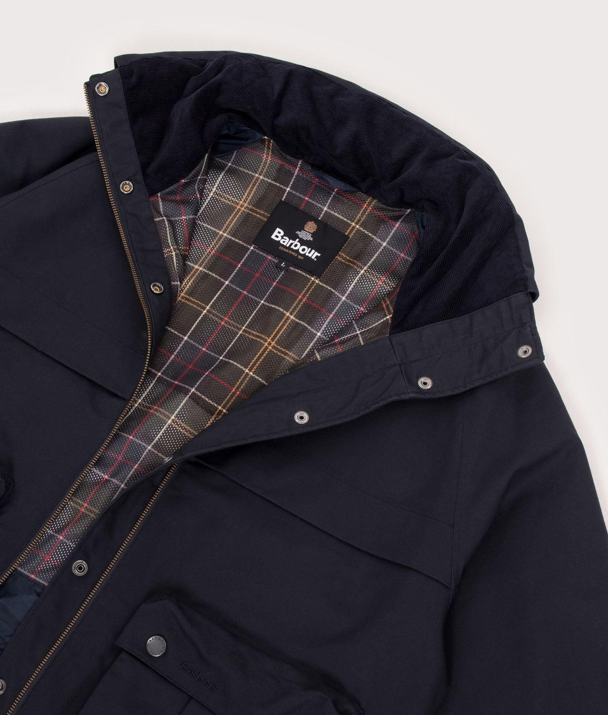 Barbour Heritage+ Ursula Wading Waterproof Jacket in Navy at EQVVS Menswear. Back shot.