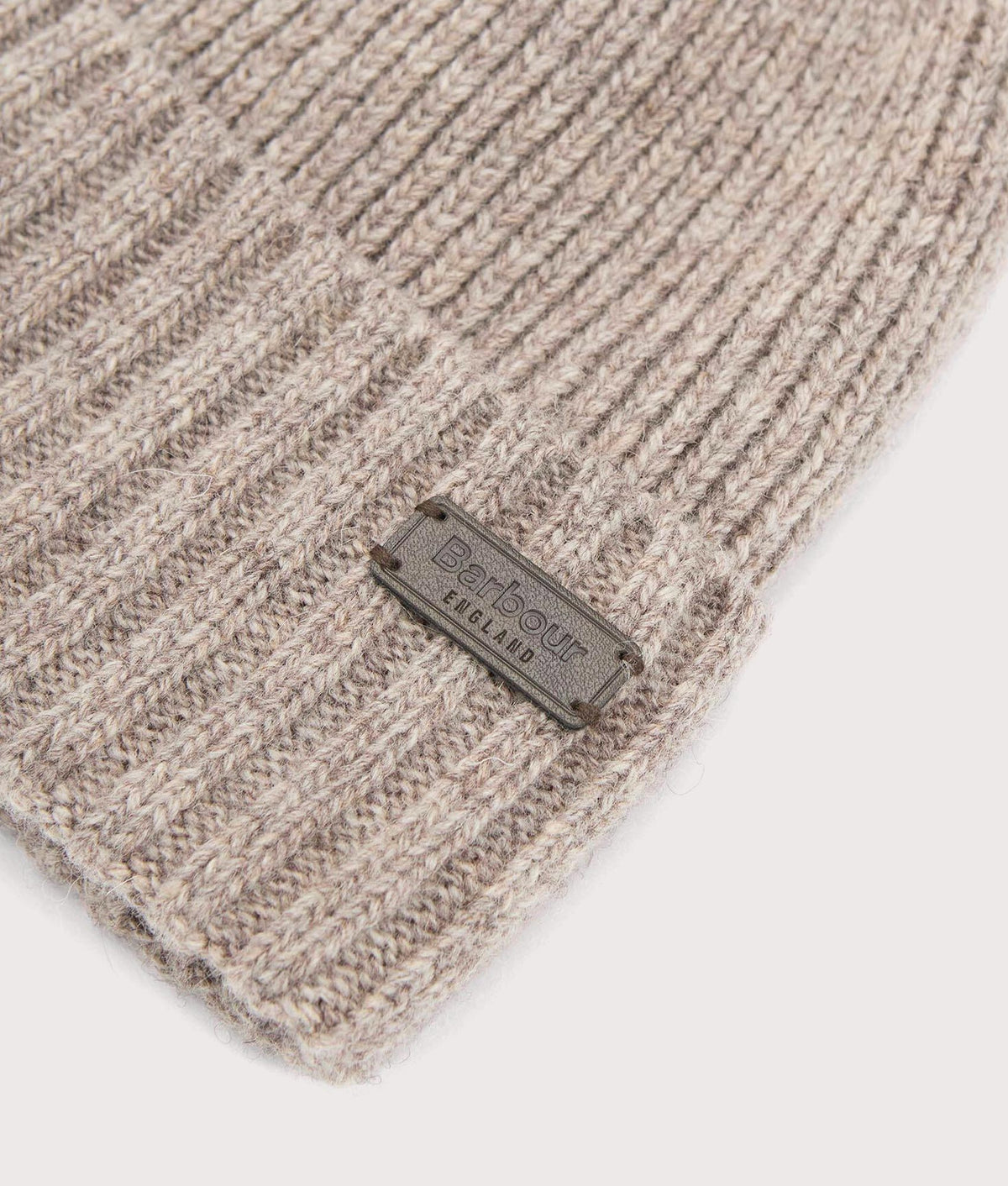 Barbour Lifestyle Carlton Beanie in the Heather. Detail shot.