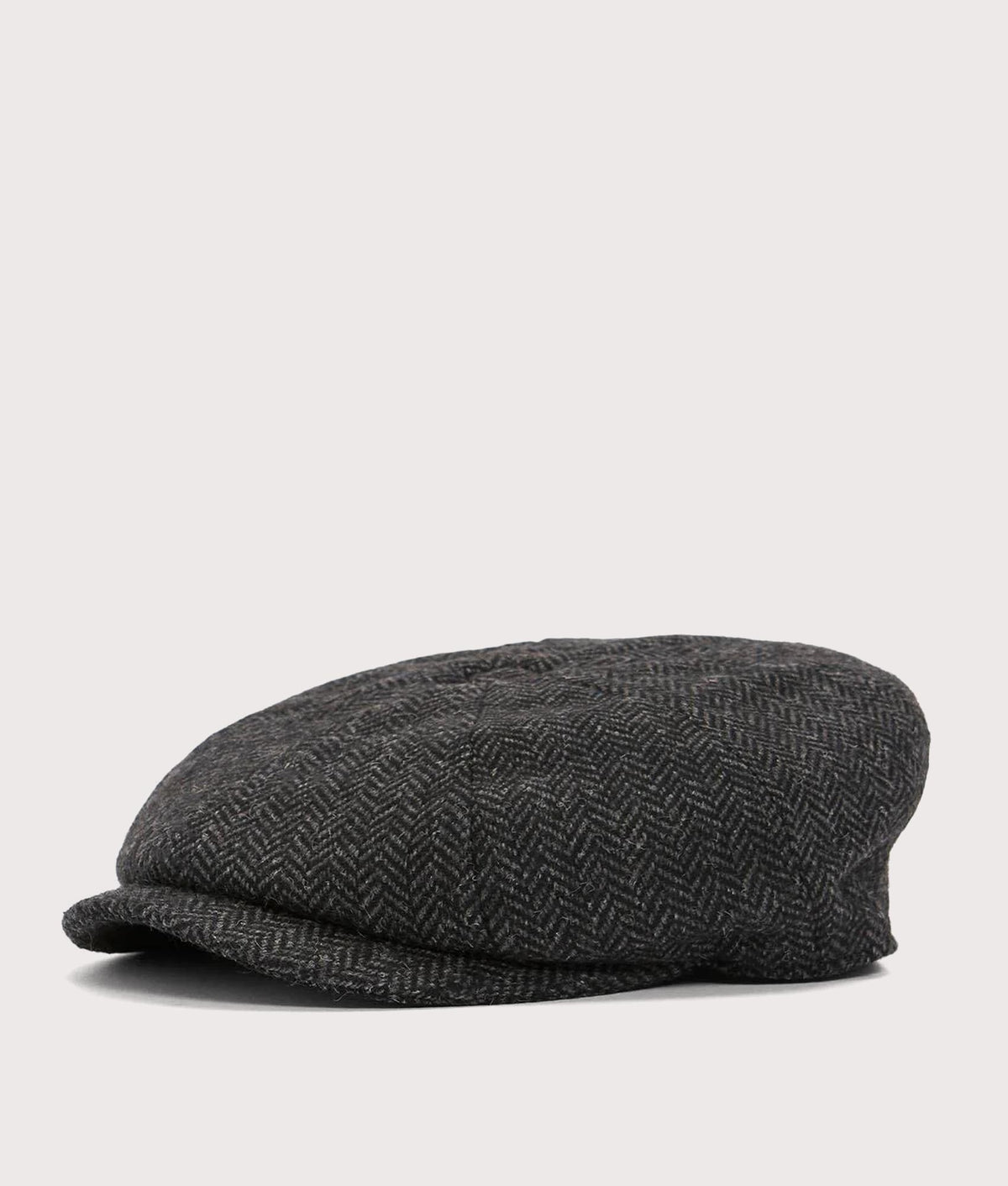 Barbour Lifestyle Fyne Tweed Baker Boy Cap in Charcoal Grey herringbone tweed at EQVVS Menswear. Front shot.