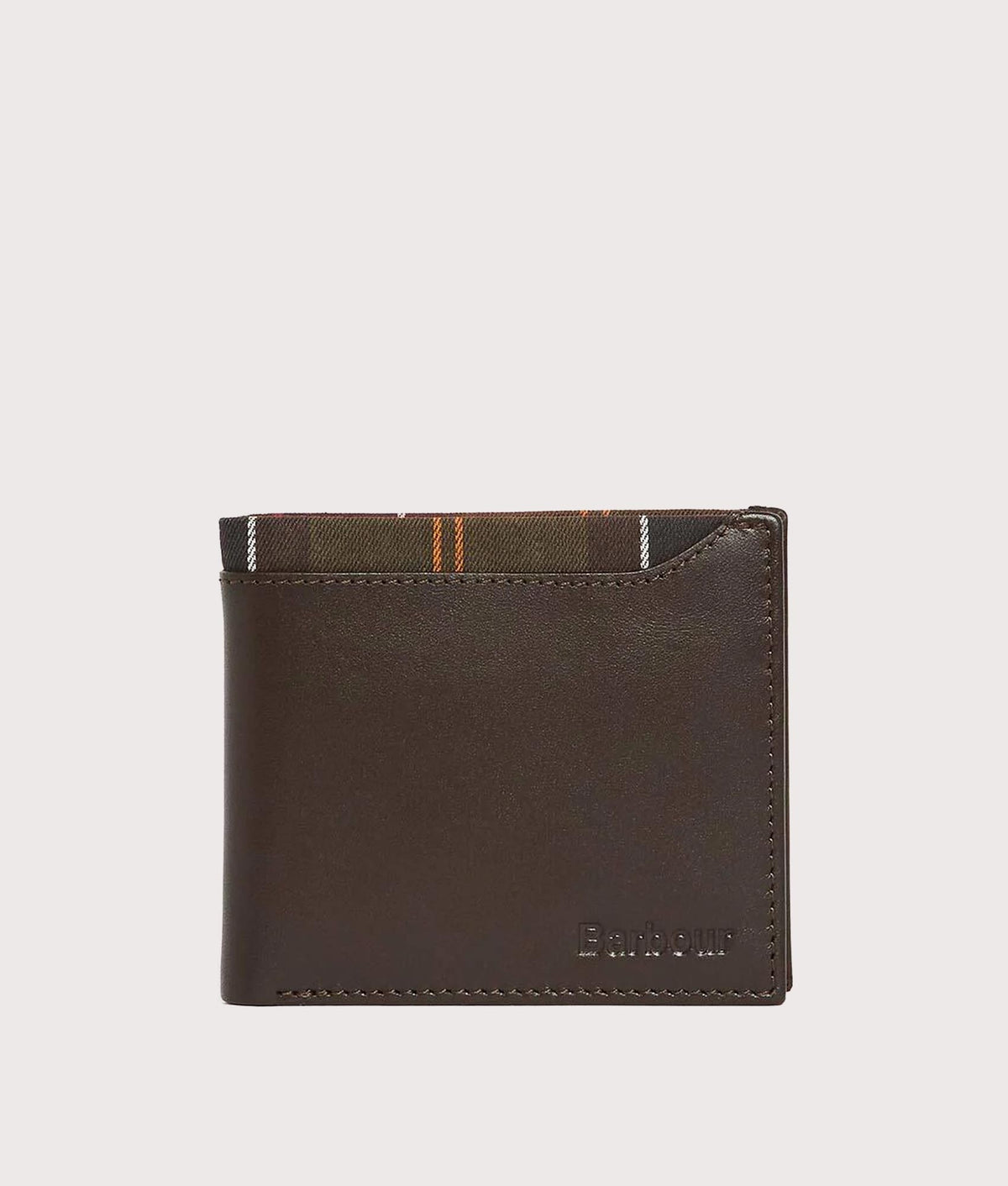 Barbour Lifestyle Brodick Billfold Wallet in Brown and Classic Tartan at EQVVS Menswear. Front shot.