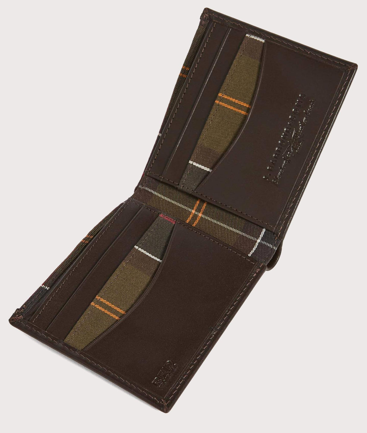 Barbour Lifestyle Brodick Billfold Wallet in Brown and Classic Tartan at EQVVS Menswear. Inside shot.