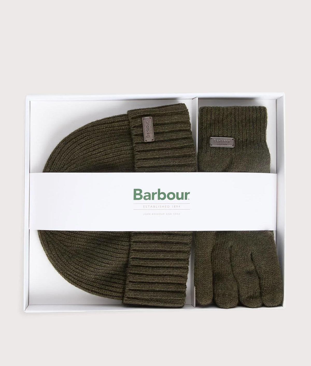 Barbour Lifestyle Carlton Beanie & Gloves Gift Set in Dark Green at EQVVS Menswear.  Gift box shot.
