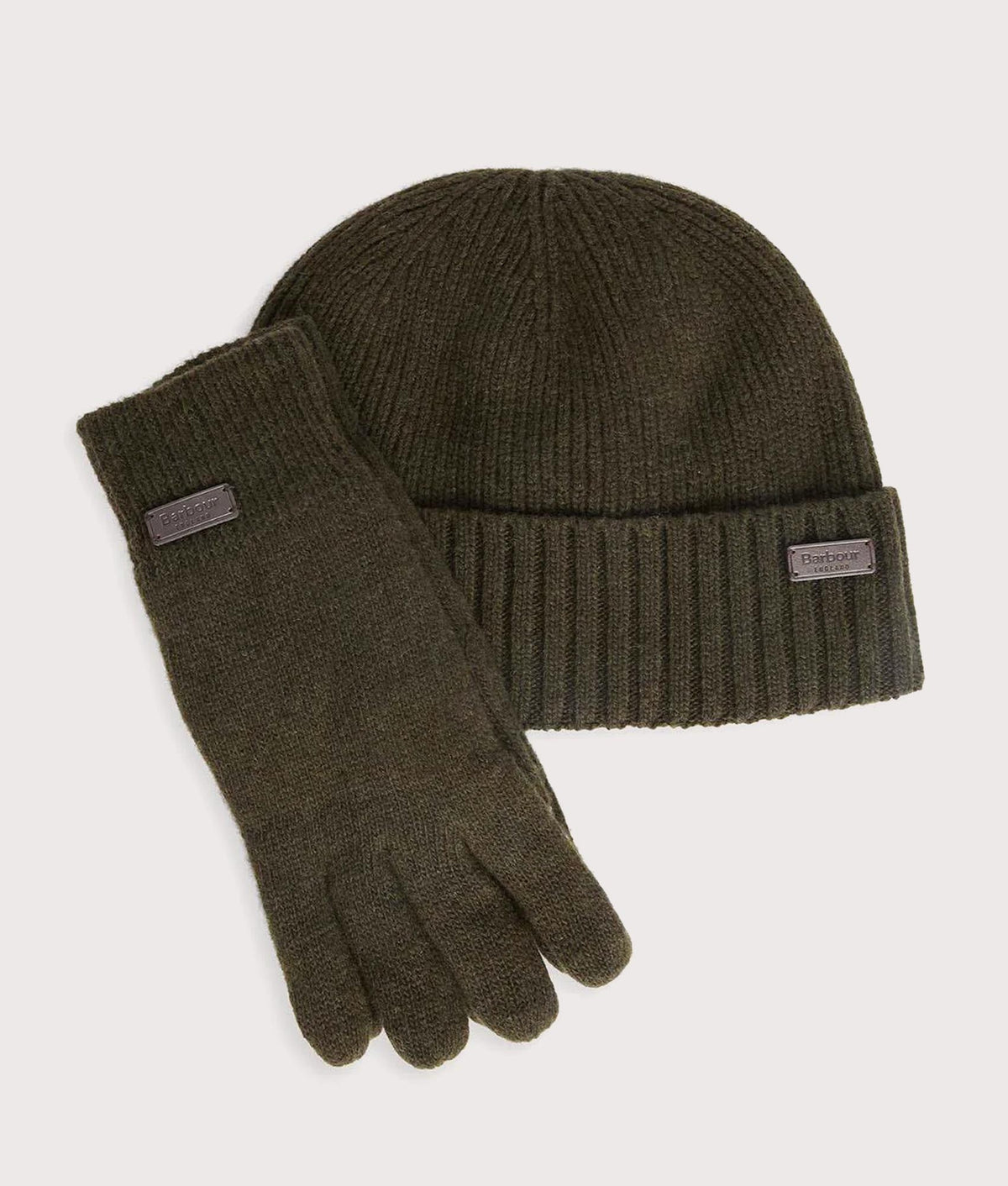 Barbour Lifestyle Carlton Beanie & Gloves Gift Set in Dark Green at EQVVS Menswear. Front shot.