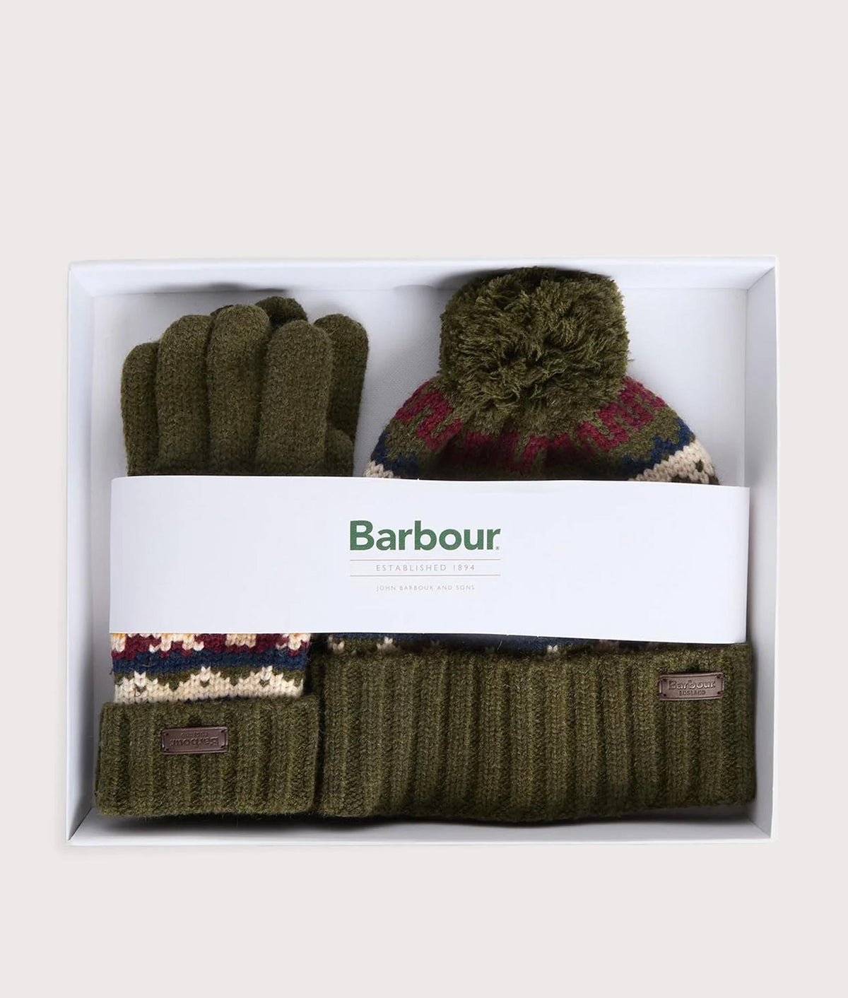 Barbour Lifestyle Kane Knitted Beanie & Gloves Gift Set in Dark Olive at EQVVS Menswear. Gift box shot.
