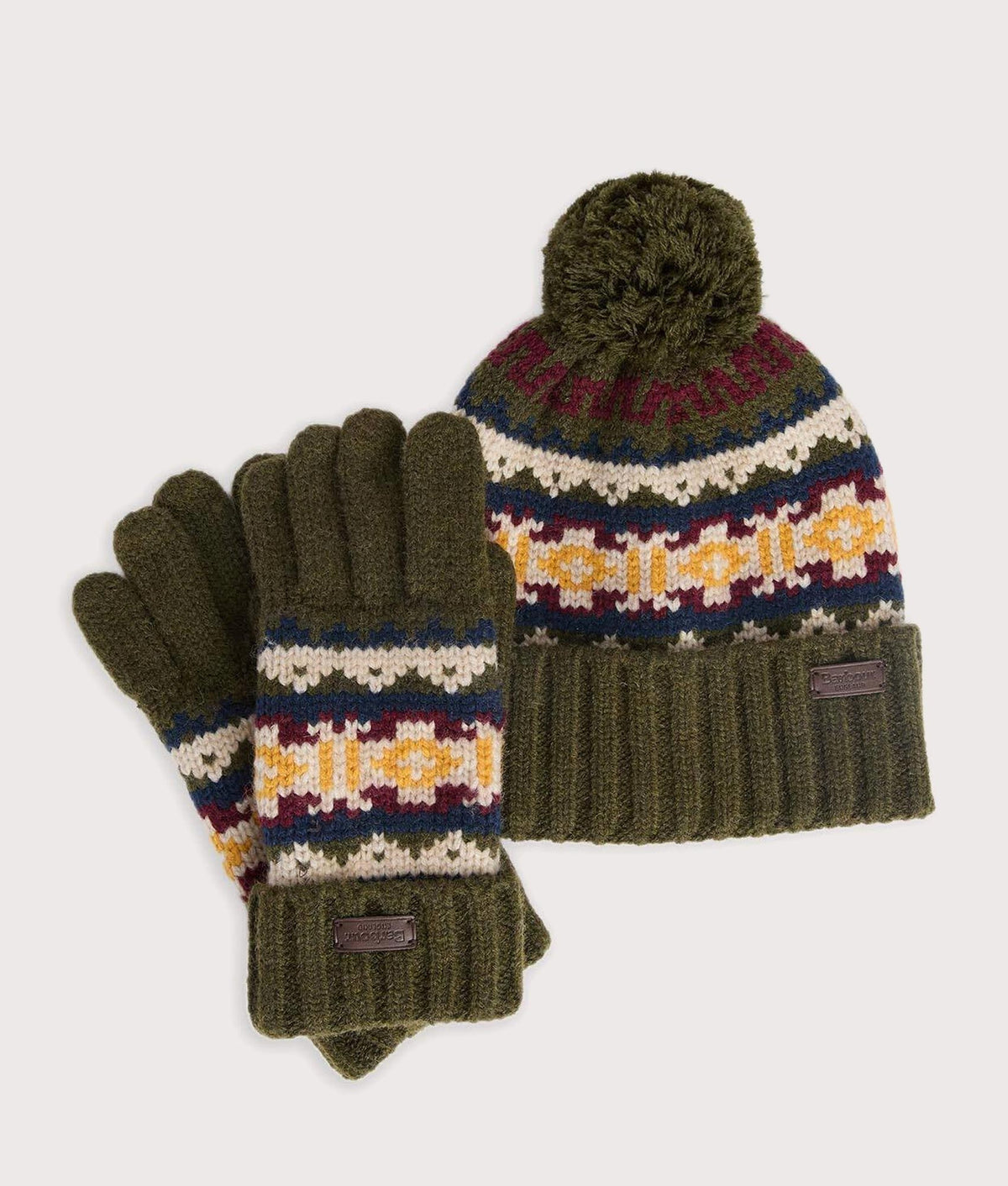 Barbour Lifestyle Kane Knitted Beanie & Gloves Gift Set in Dark Olive at EQVVS Menswear. Front shot.