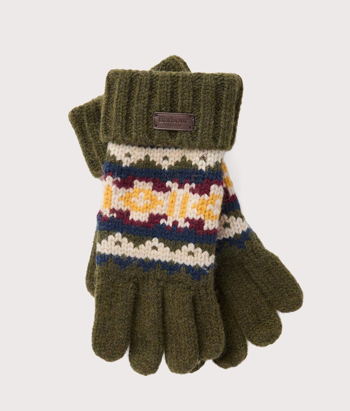 Barbour Lifestyle Kane Knitted Beanie & Gloves Gift Set in Dark Olive at EQVVS Menswear. Glove shot.