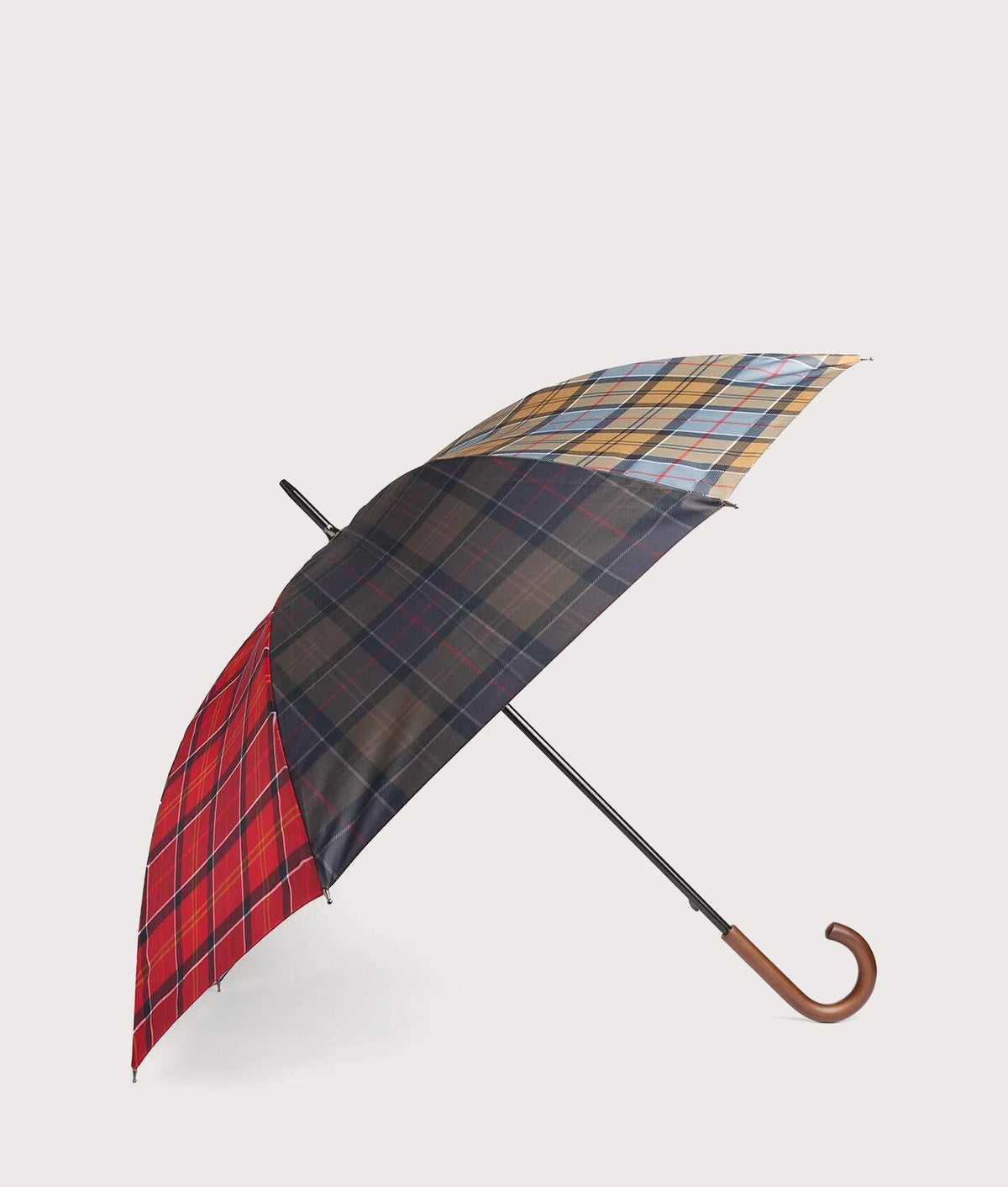 Barbour Lifestyle Mixed Tartan Full Length Umbrella in Dress, Cardinal, Dark Shadow and Classic Tartan at EQVVS Menswear. Open shot.