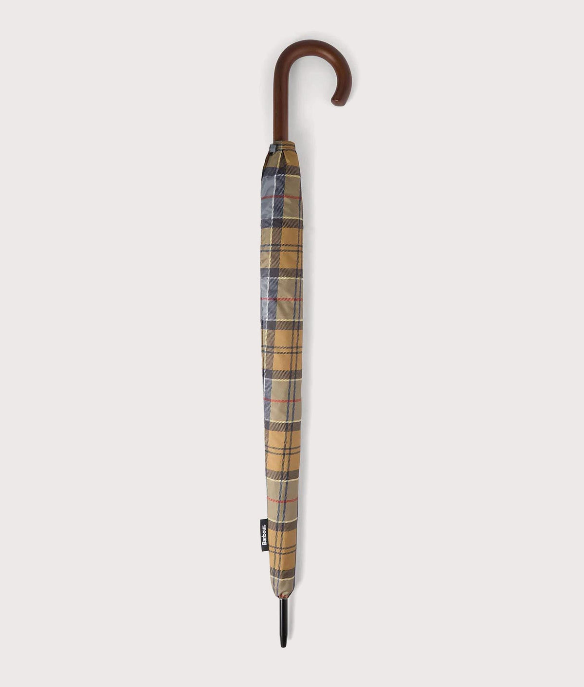 Barbour Lifestyle Mixed Tartan Full Length Umbrella in Dress, Cardinal, Dark Shadow and Classic Tartan at EQVVS Menswear.  Closed shot.