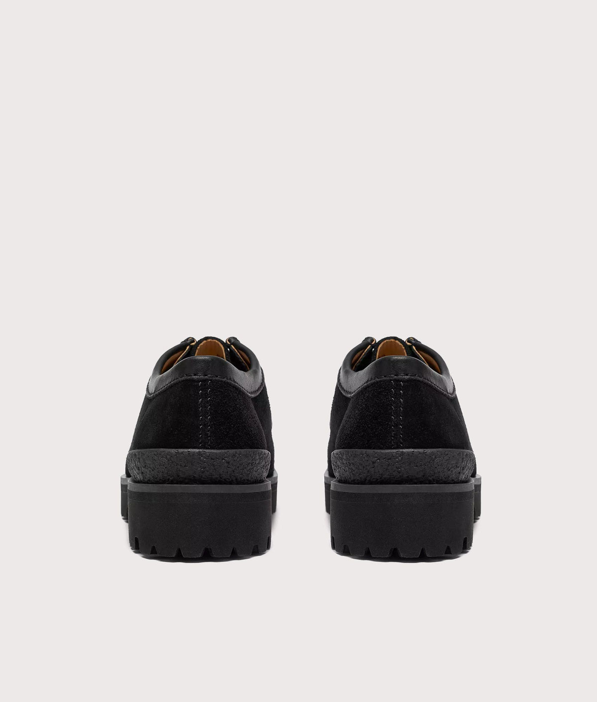 Clarks Originals Walla Yukoner shoes in all-black Combi Suede at EQVVS Menswear. Back shot.