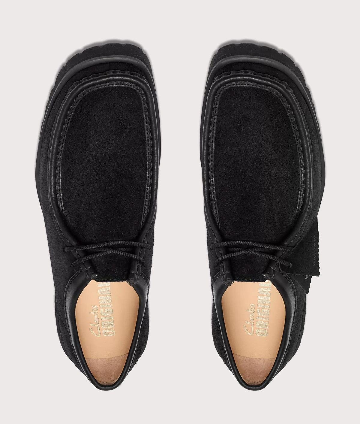 Clarks Originals Walla Yukoner shoes in all-black Combi Suede at EQVVS Menswear. Top shot.
