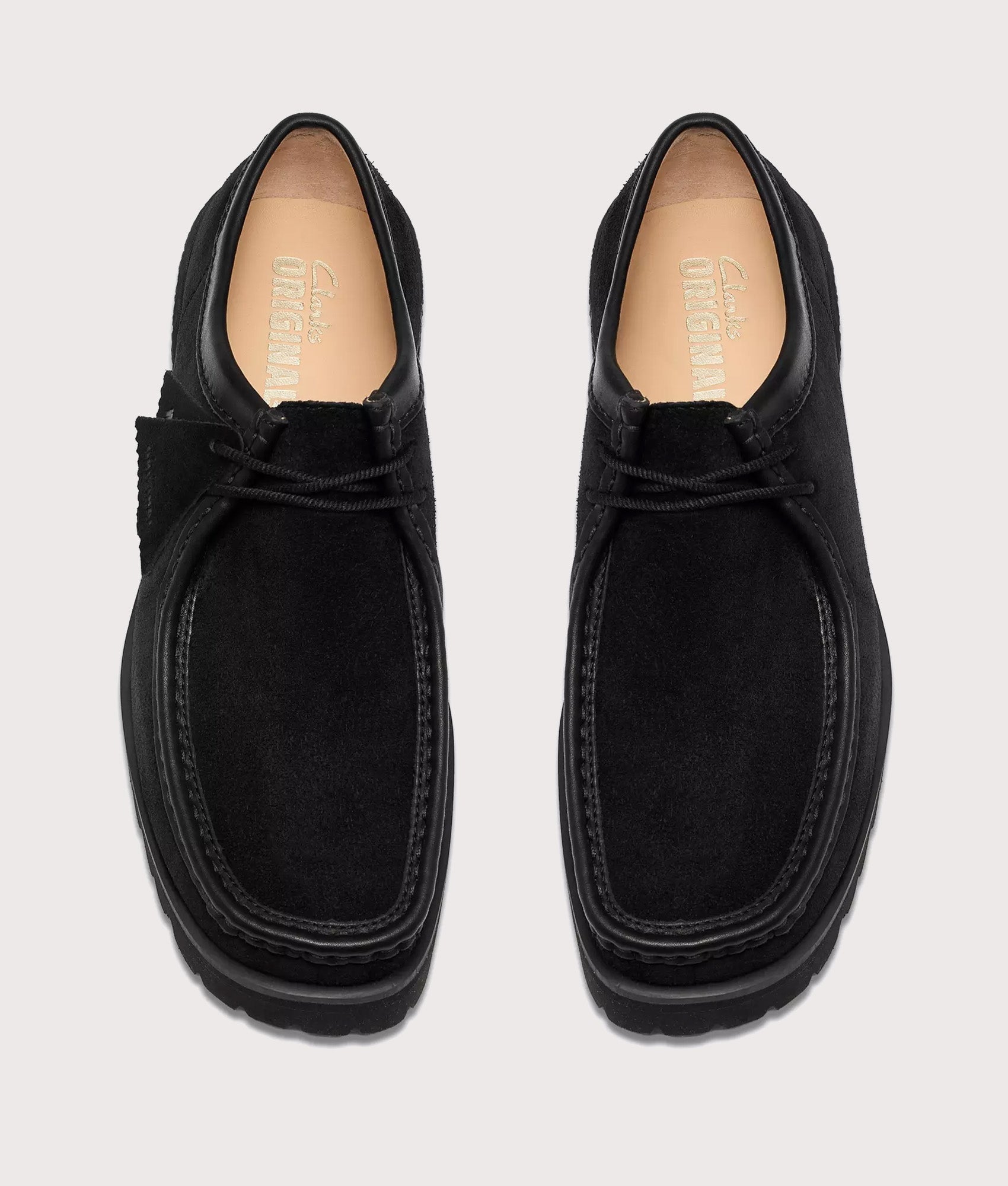 Clarks Originals Walla Yukoner shoes in black Combi Suede at EQVVS Menswear.  Top shot.