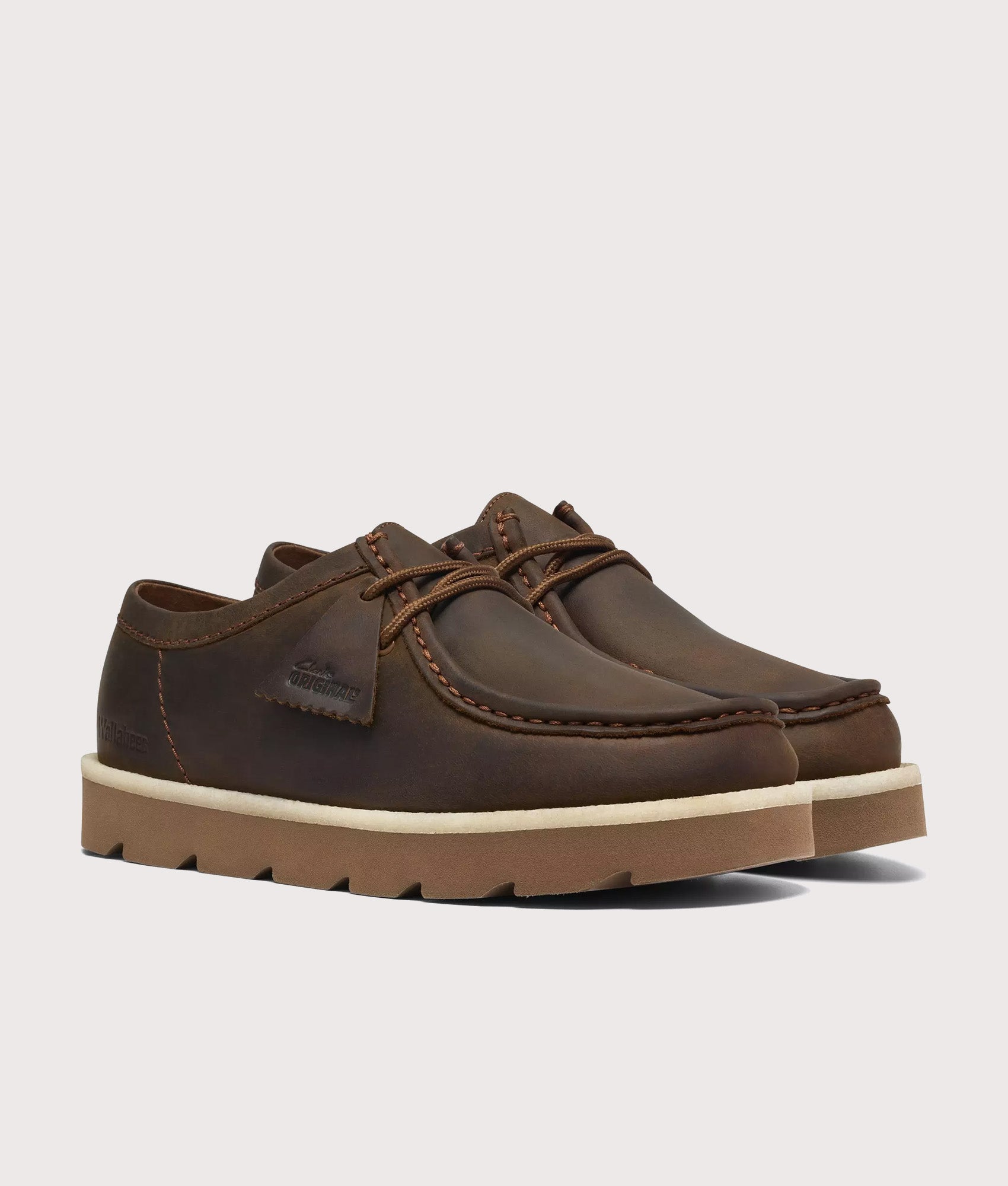 Clarks Original Meare Walla Shoes in Beeswax at EQVVS Menswear. Angled front shot.