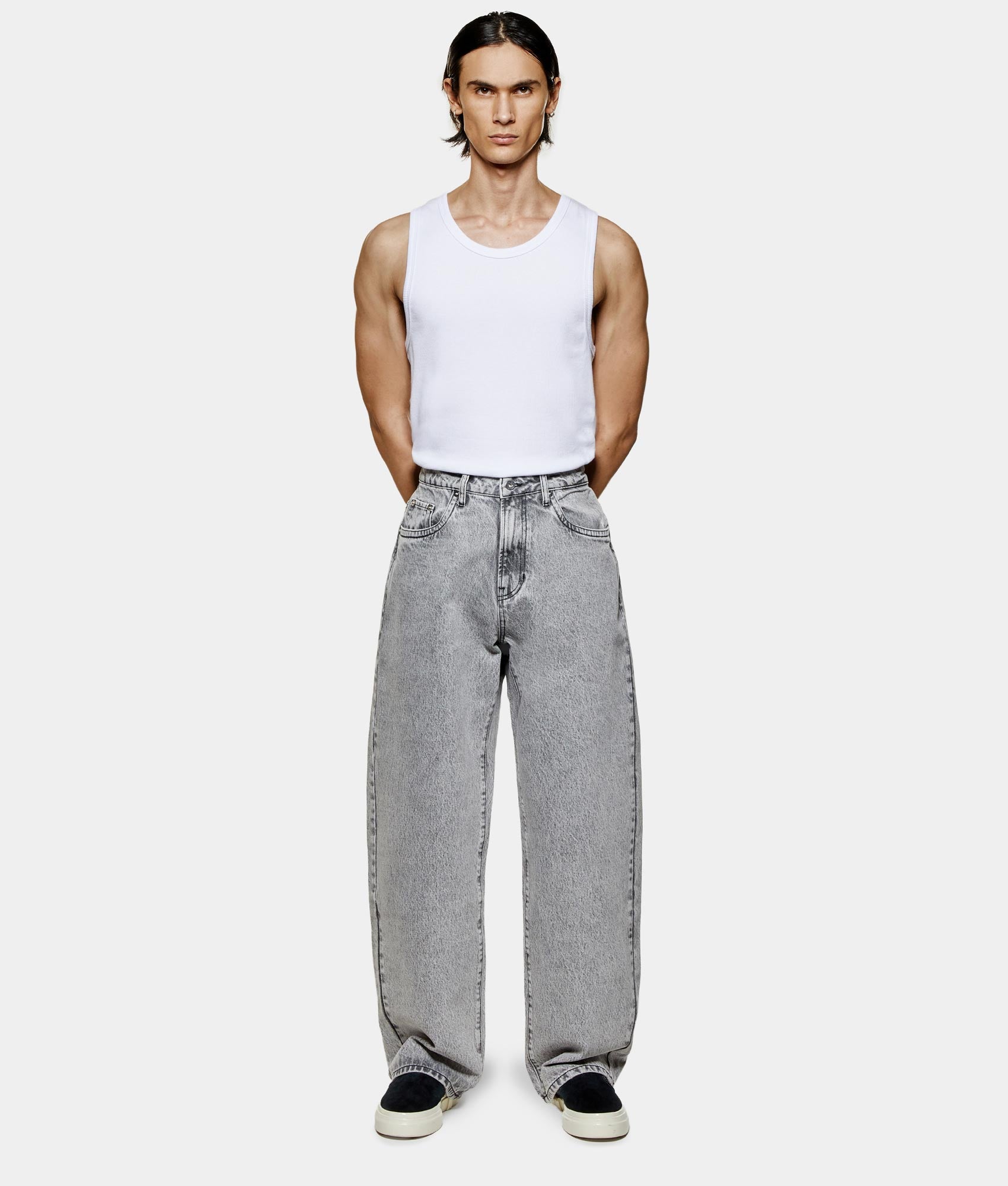 Denim Wide Leg Jeans. Shot by EQVVS. Front model full shot.