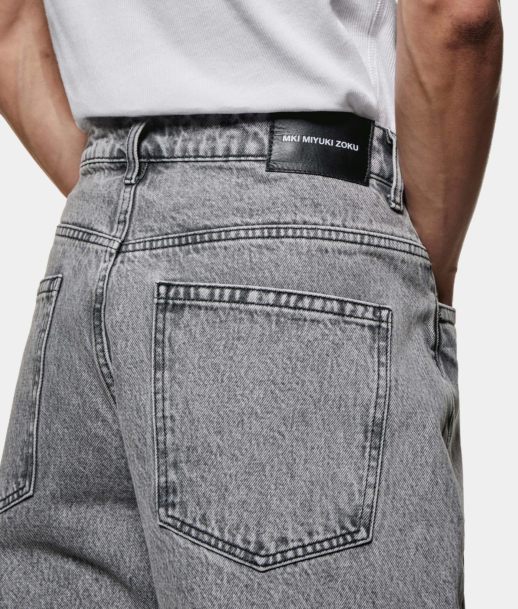 Denim Wide Leg Jeans. Shot by EQVVS. Back model detail shot.