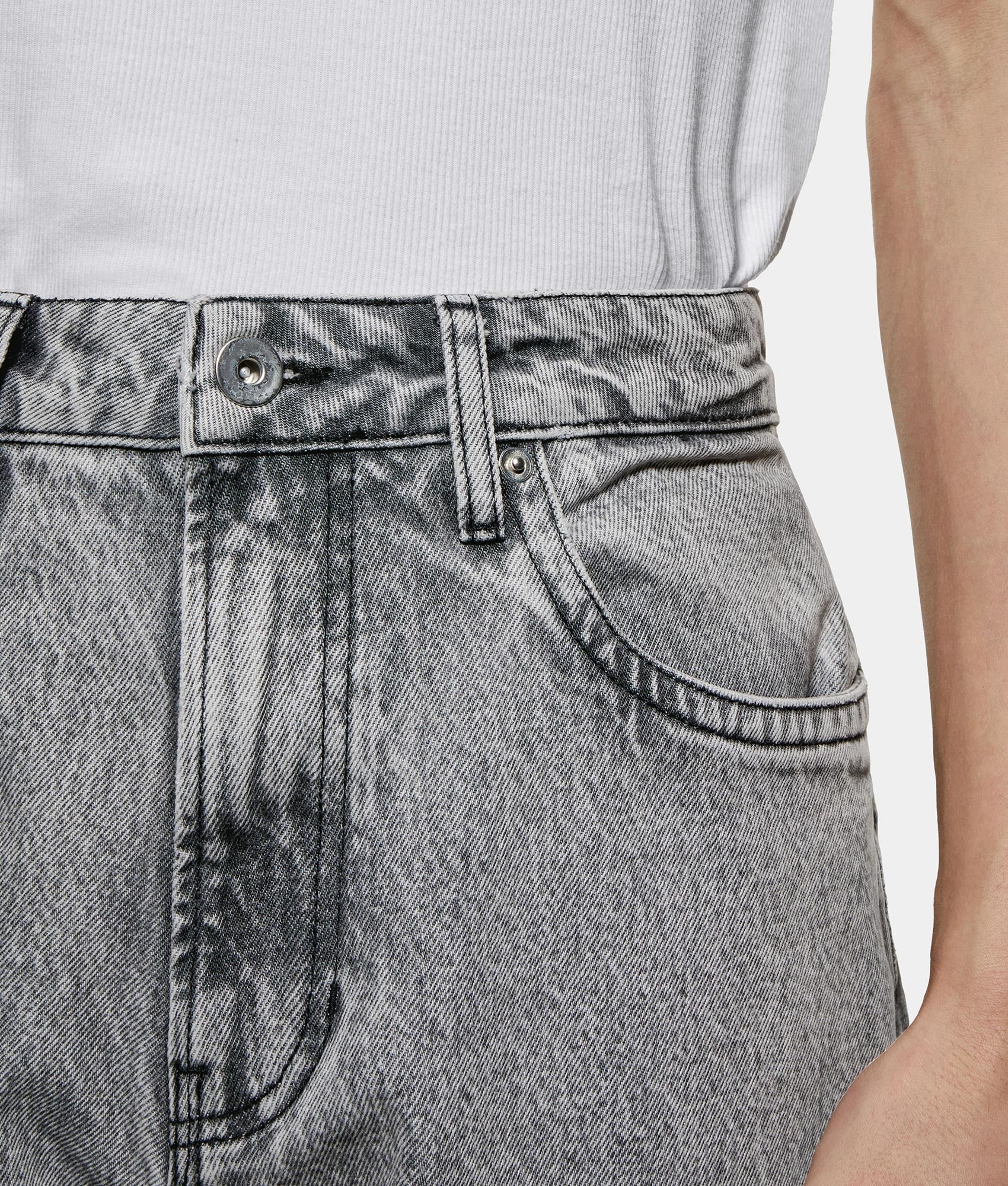 Denim Wide Leg Jeans. Shot by EQVVS. Front model detail shot.