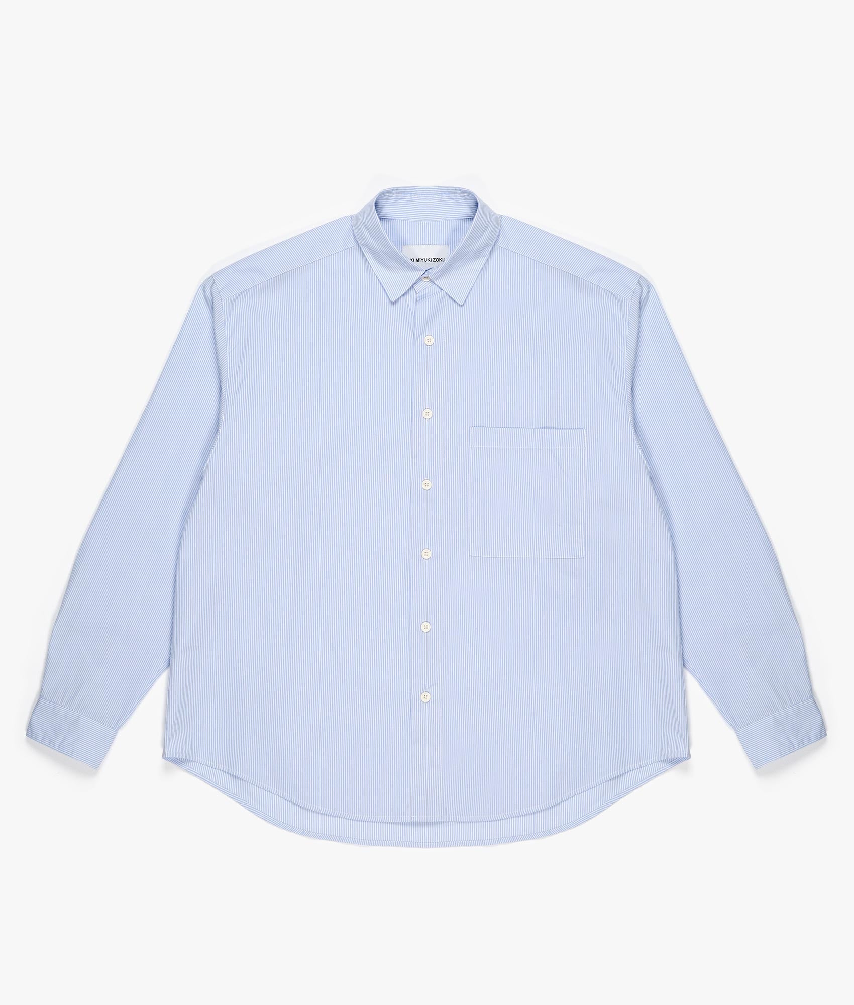 Oversized Striped Dress Shirt in Blue by MKI MIYUKI ZOKU. EQVVS Front Flat Shot. 
