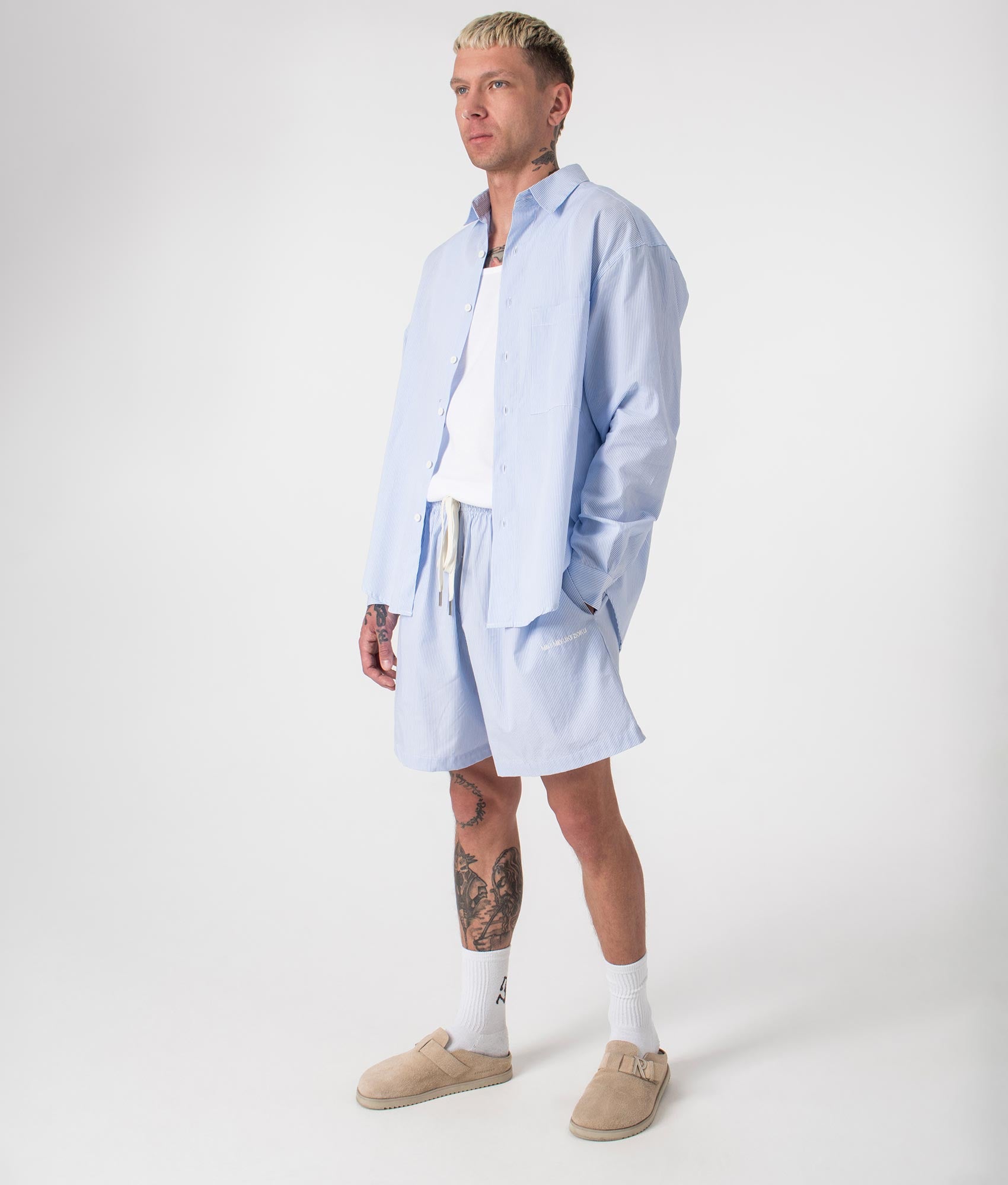 Oversized Striped Dress Shirt in Blue by MKI MIYUKI ZOKU. EQVVS Full Front Shot.